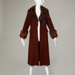 1970s Vintage Brown Wool Princess Coat with Mongolian Lamb Fur Collar and Cuffs