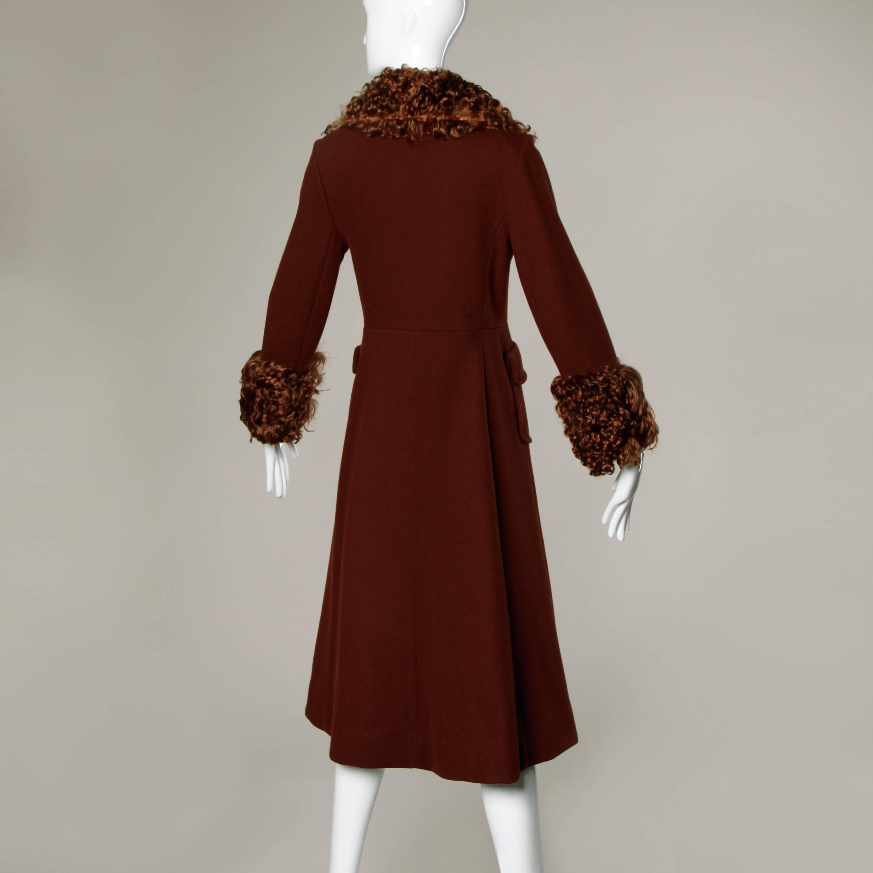 Women's 1970s Vintage Brown Wool Princess Coat with Mongolian Lamb Fur Collar and Cuffs