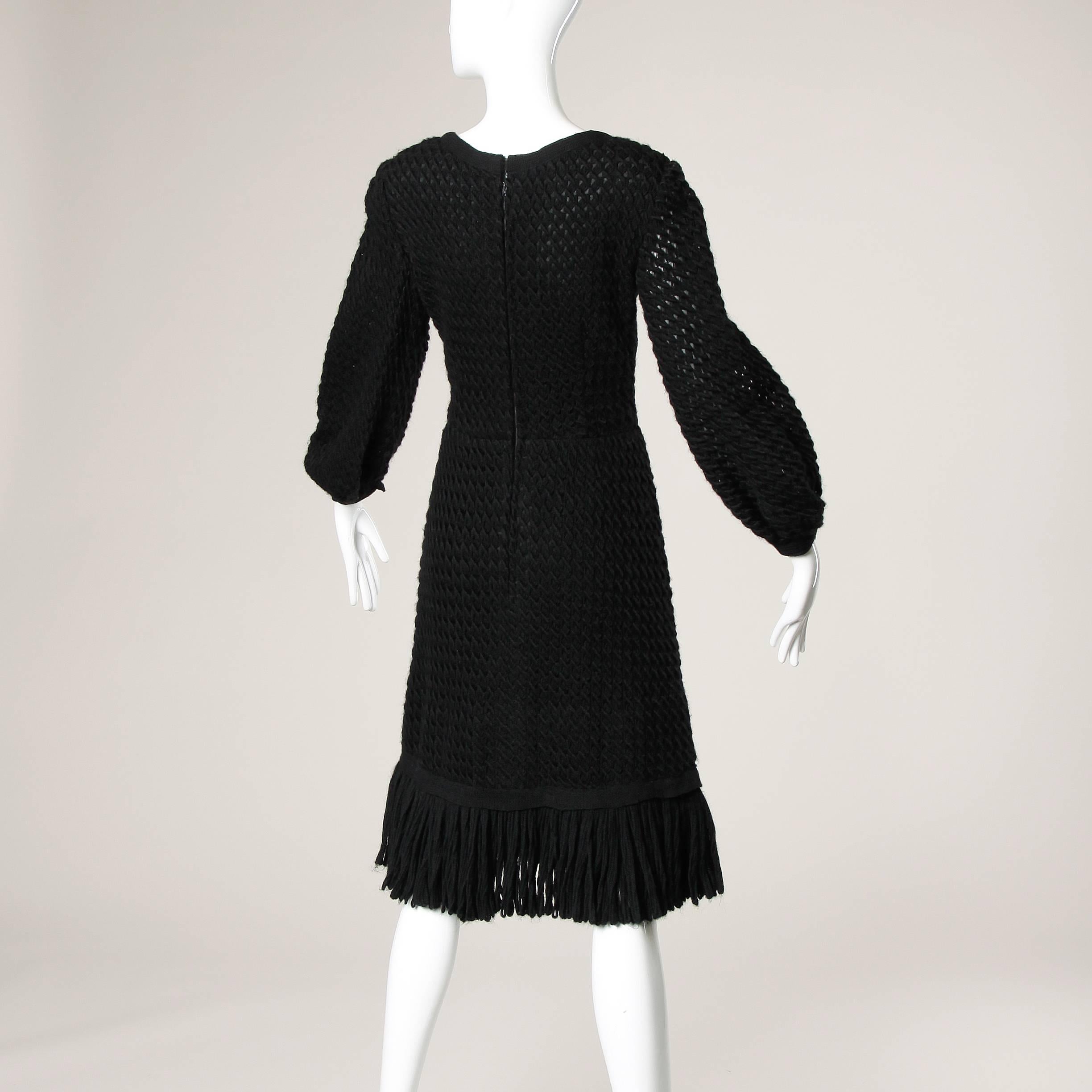 Cardinali Black Wool and Silk Couture Crochet Dress with Fringe Trim, 1960s In Excellent Condition In Sparks, NV