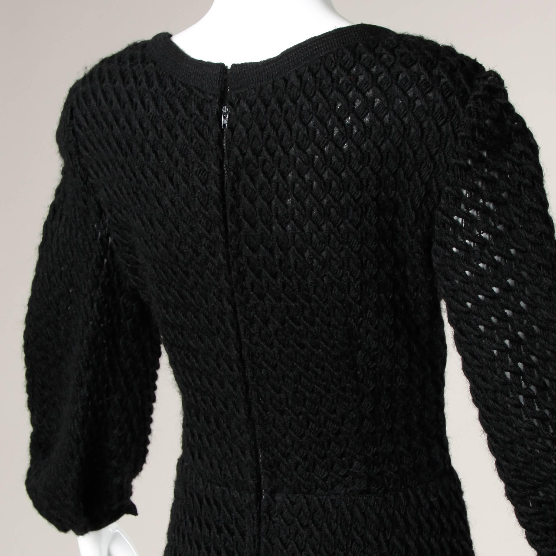 Cardinali Black Wool and Silk Couture Crochet Dress with Fringe Trim, 1960s 2