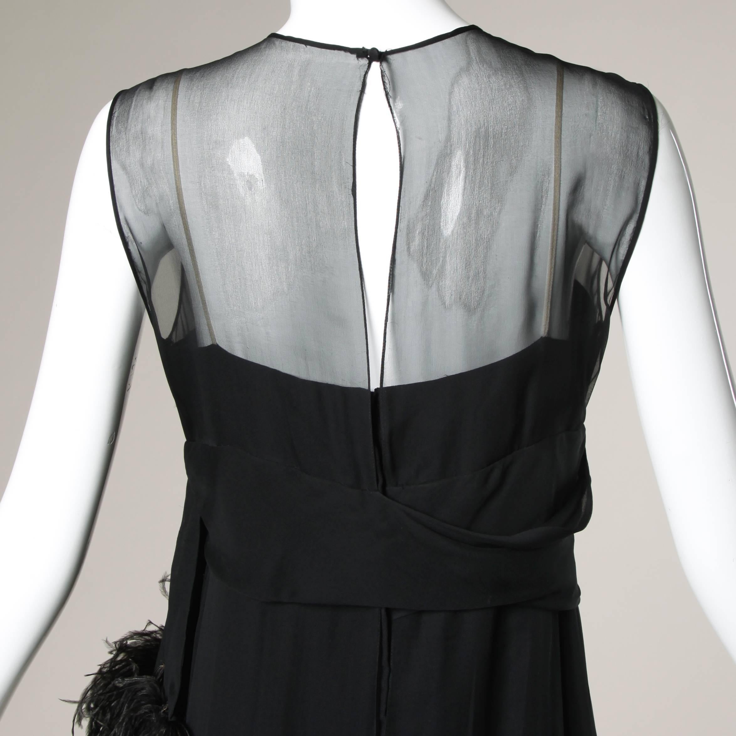 Pat Sandler Vintage 1960s Black Silk Chiffon Dress with Ostrich Feather Trim In Excellent Condition In Sparks, NV