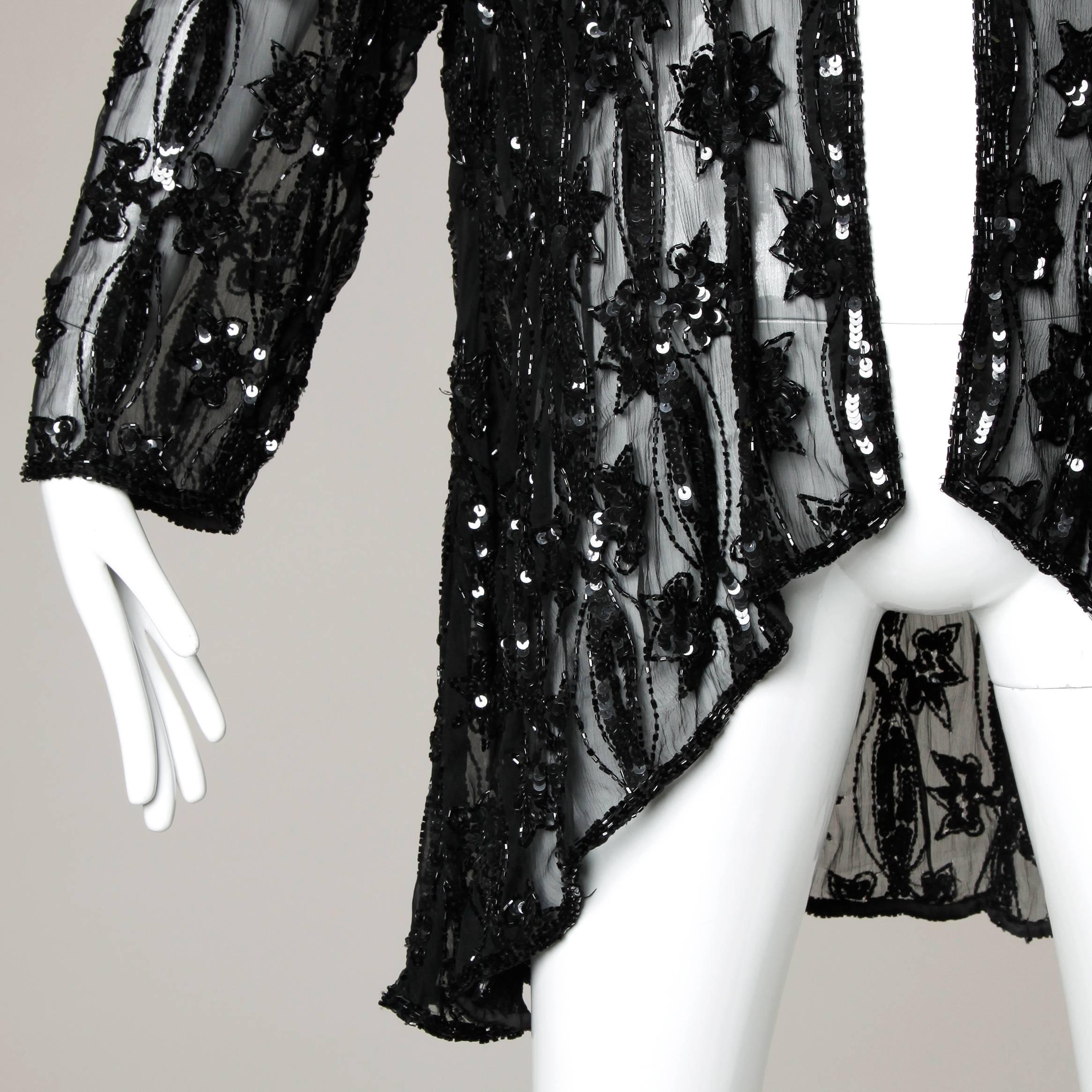 Women's Vintage Black Sheer Beaded + Sequin Silk Duster Jacket or Coat
