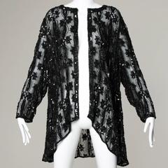 Vintage Black Sheer Beaded + Sequin Silk Duster Jacket or Coat