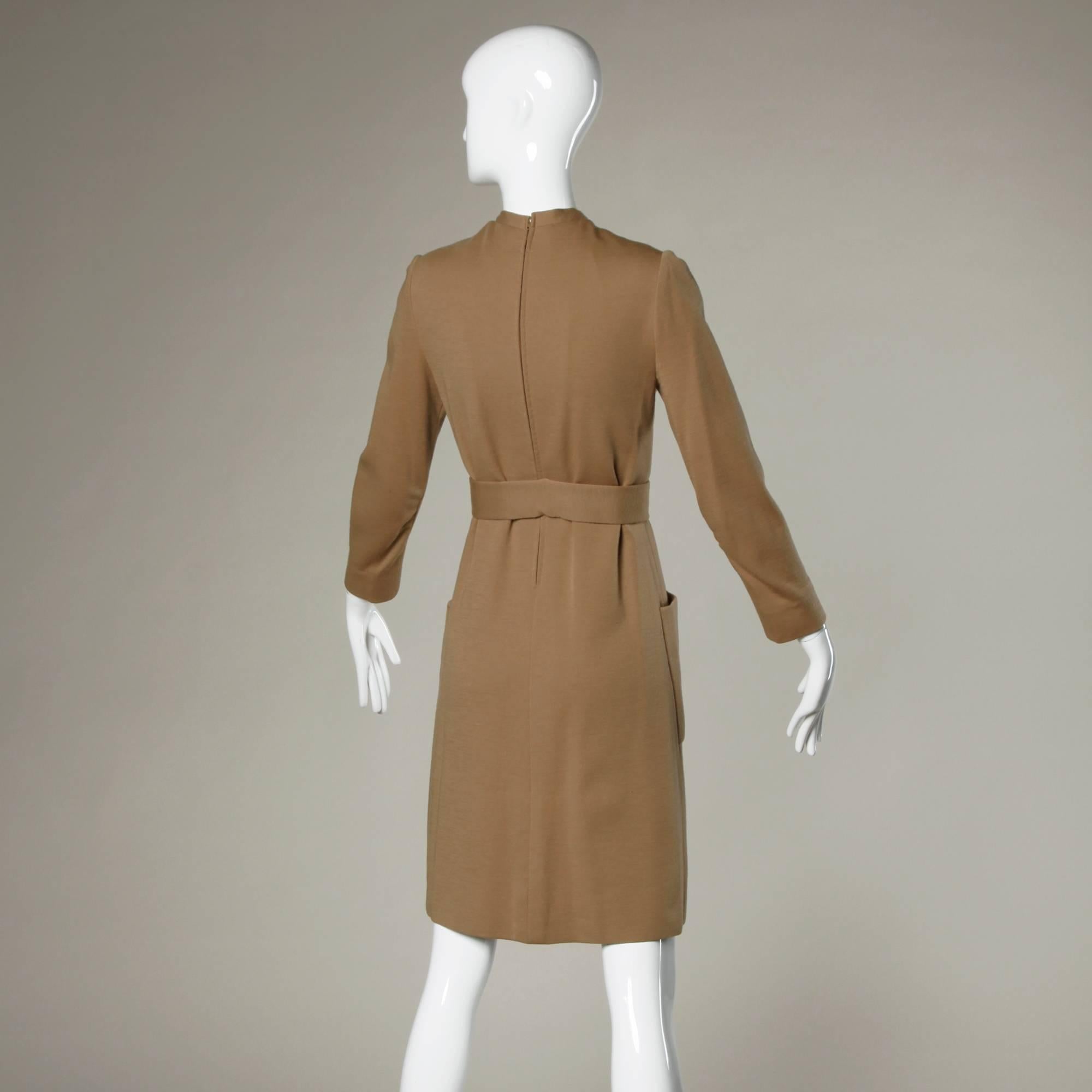 Brown Norman Norell 1960s Vintage Camel Silk + Wool Knit Dress with Belt