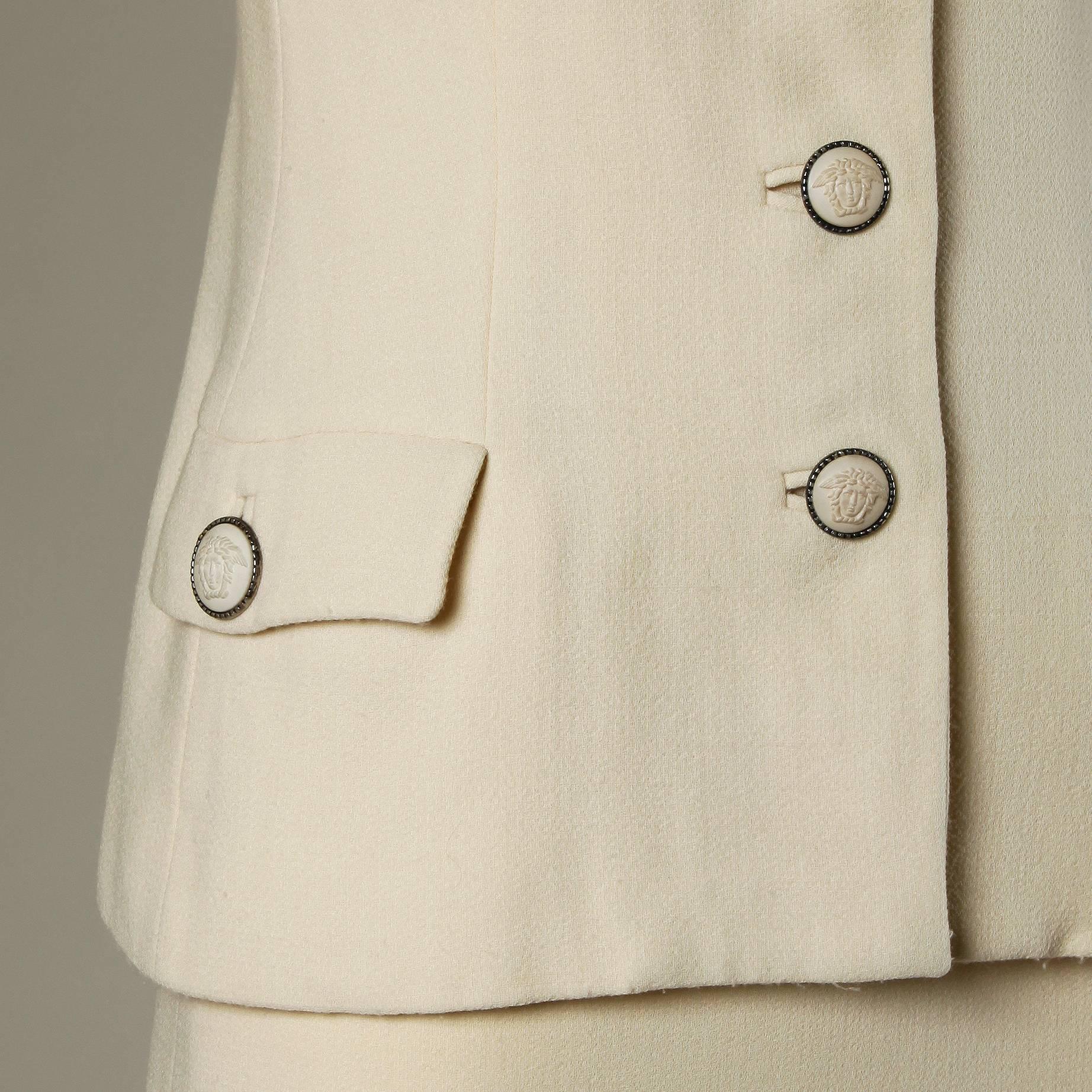 Beige Gianni Versace Couture Vintage 90s Wool Jacket + Skirt Suit with Medusa Buttons For Sale