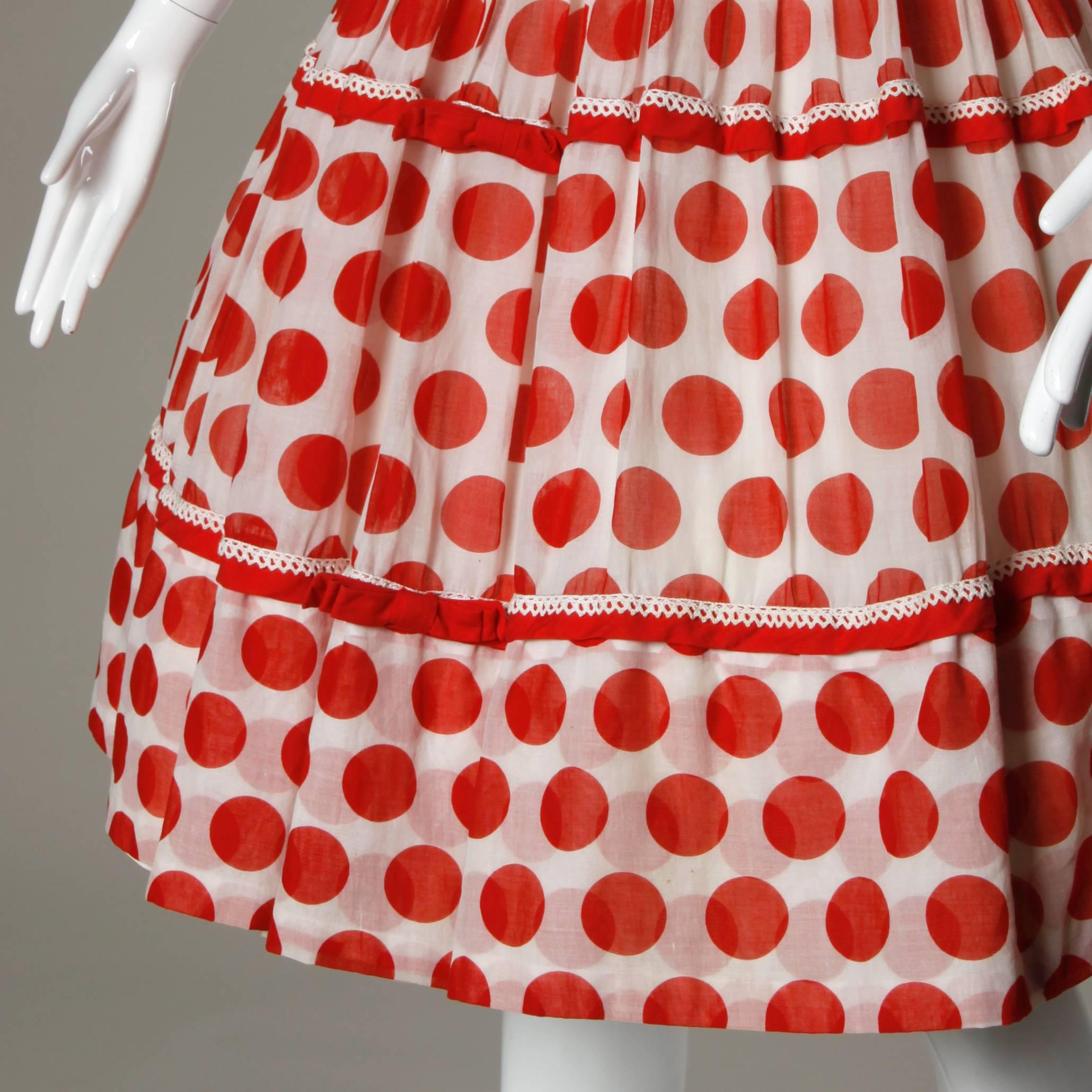 Beige 1950s Vintage Red + White Polka Dot Print Party Dress