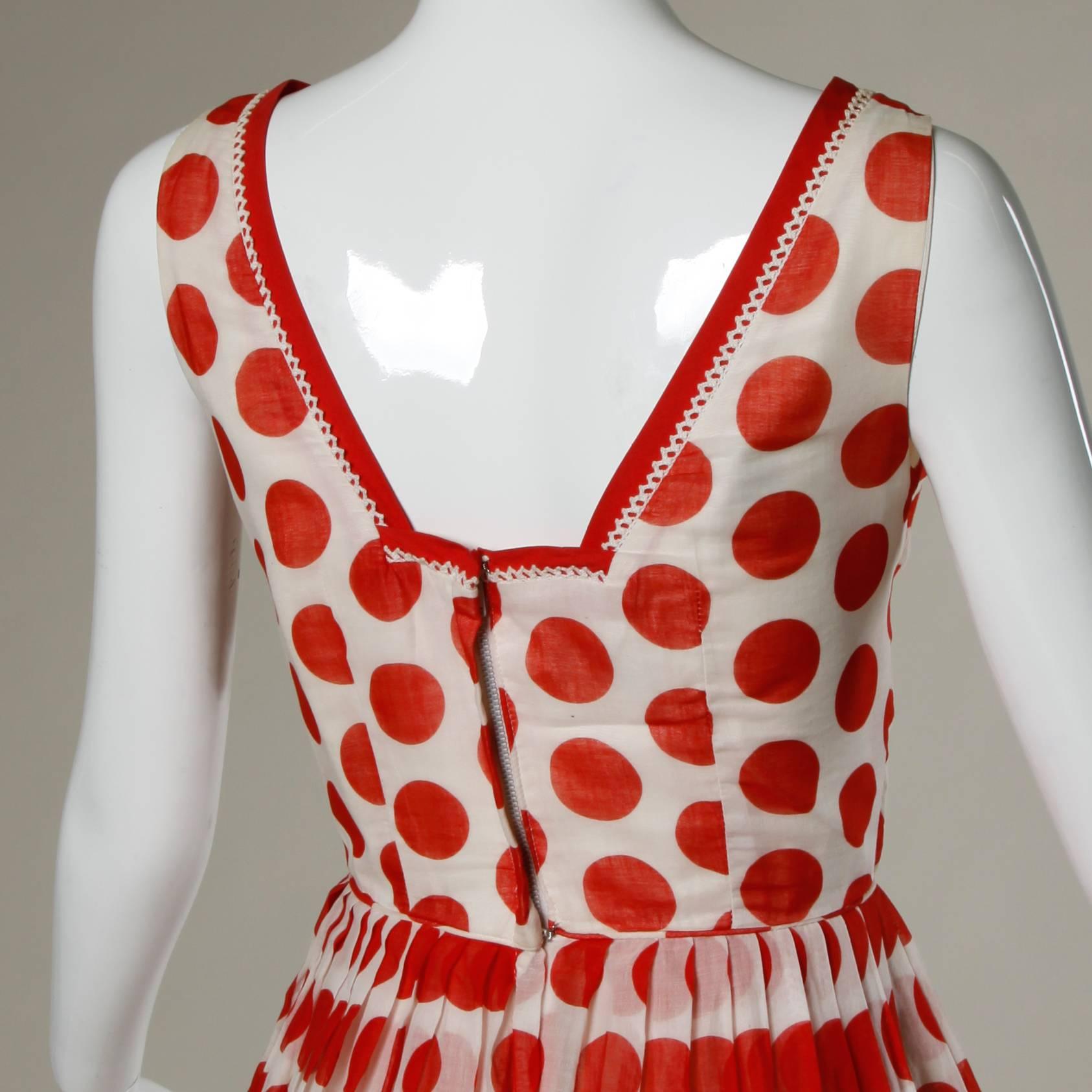 1950s Vintage Red + White Polka Dot Print Party Dress 1
