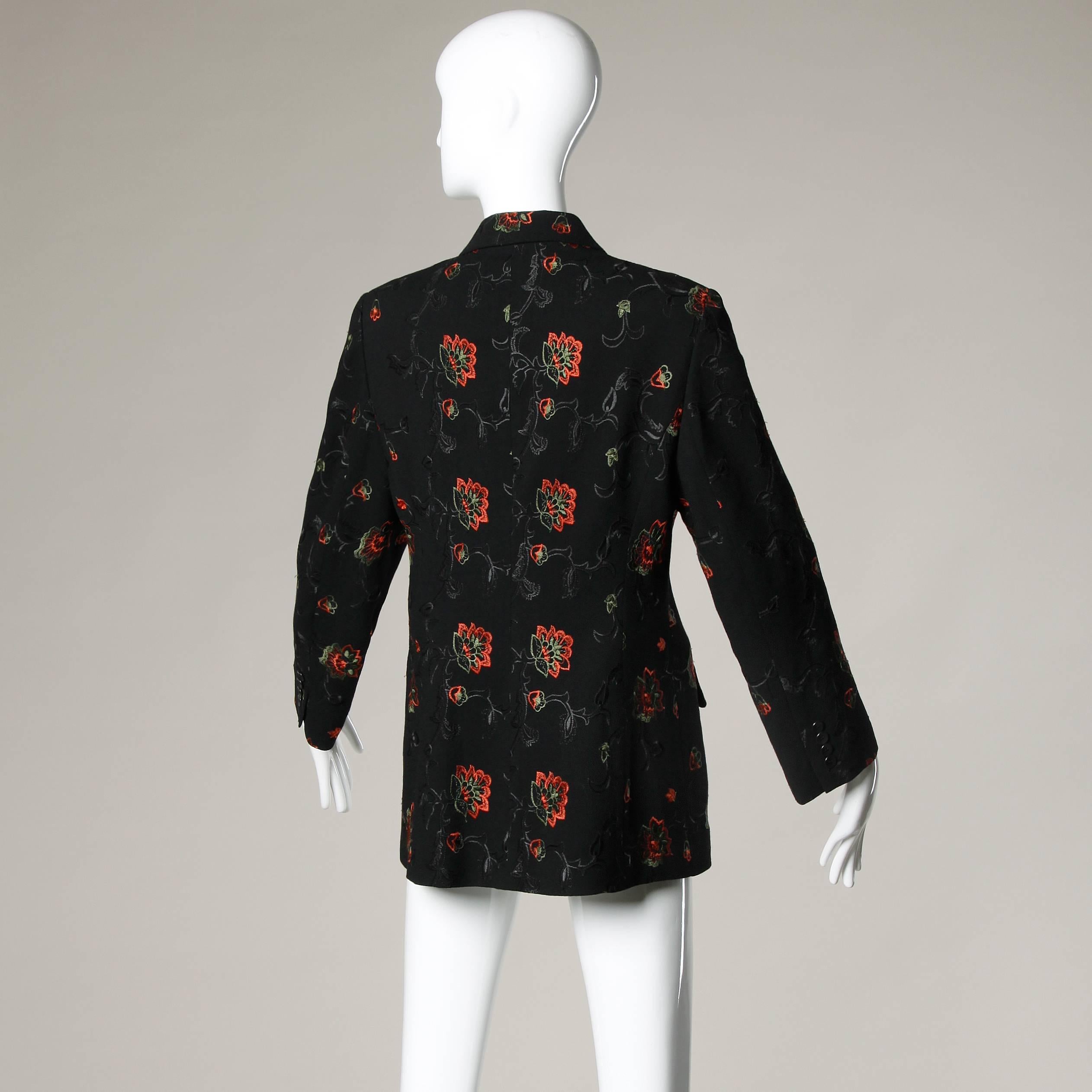 Black Oscar de la Renta Wool Blazer Jacket with Floral Embroidery