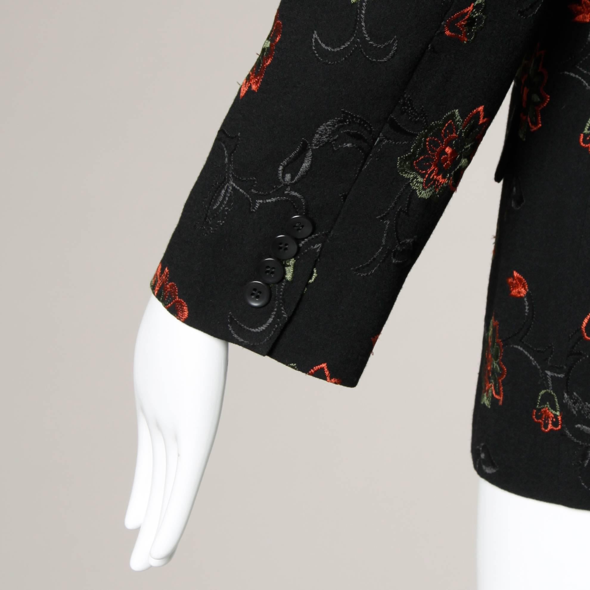 Oscar de la Renta Wool Blazer Jacket with Floral Embroidery 2