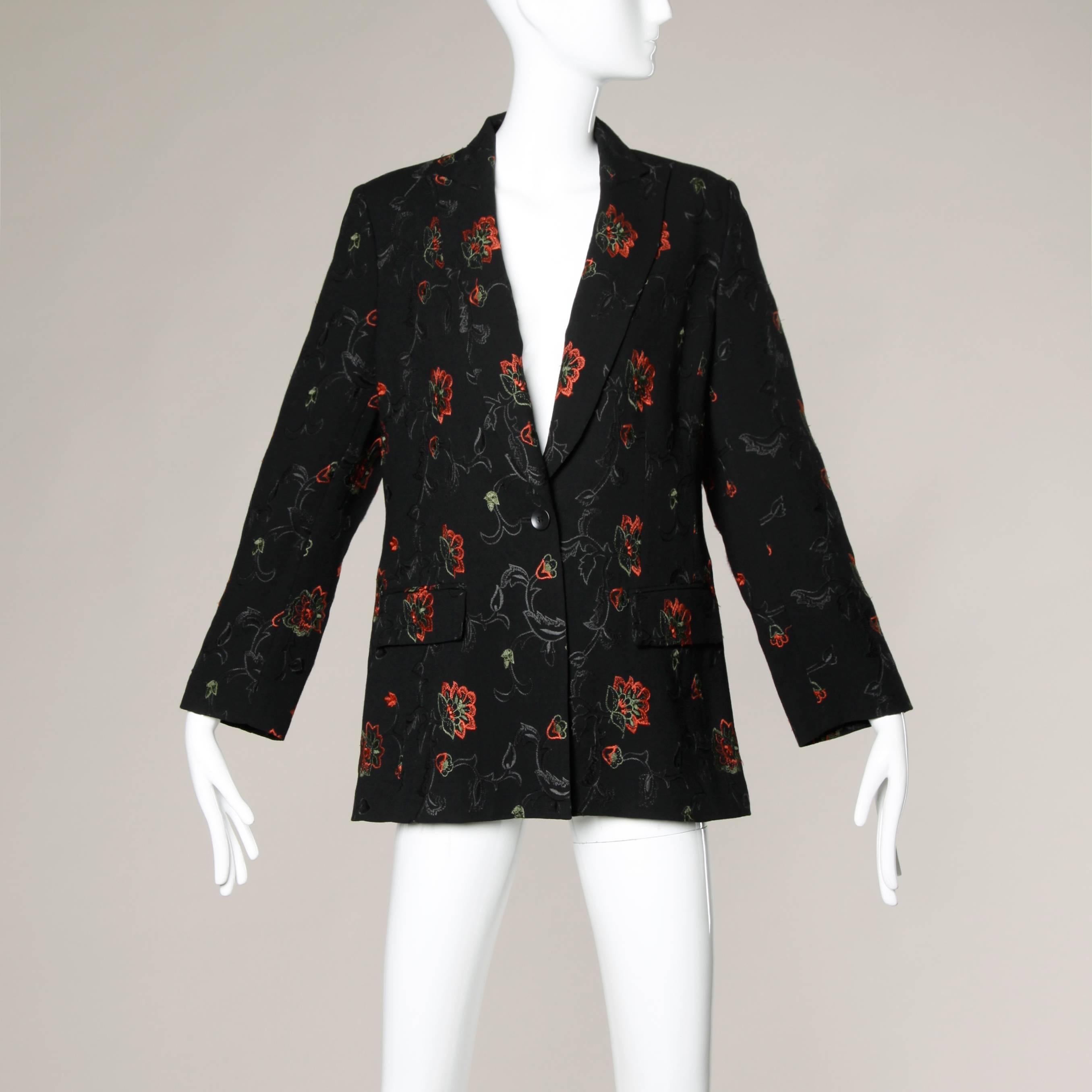 Women's Oscar de la Renta Wool Blazer Jacket with Floral Embroidery