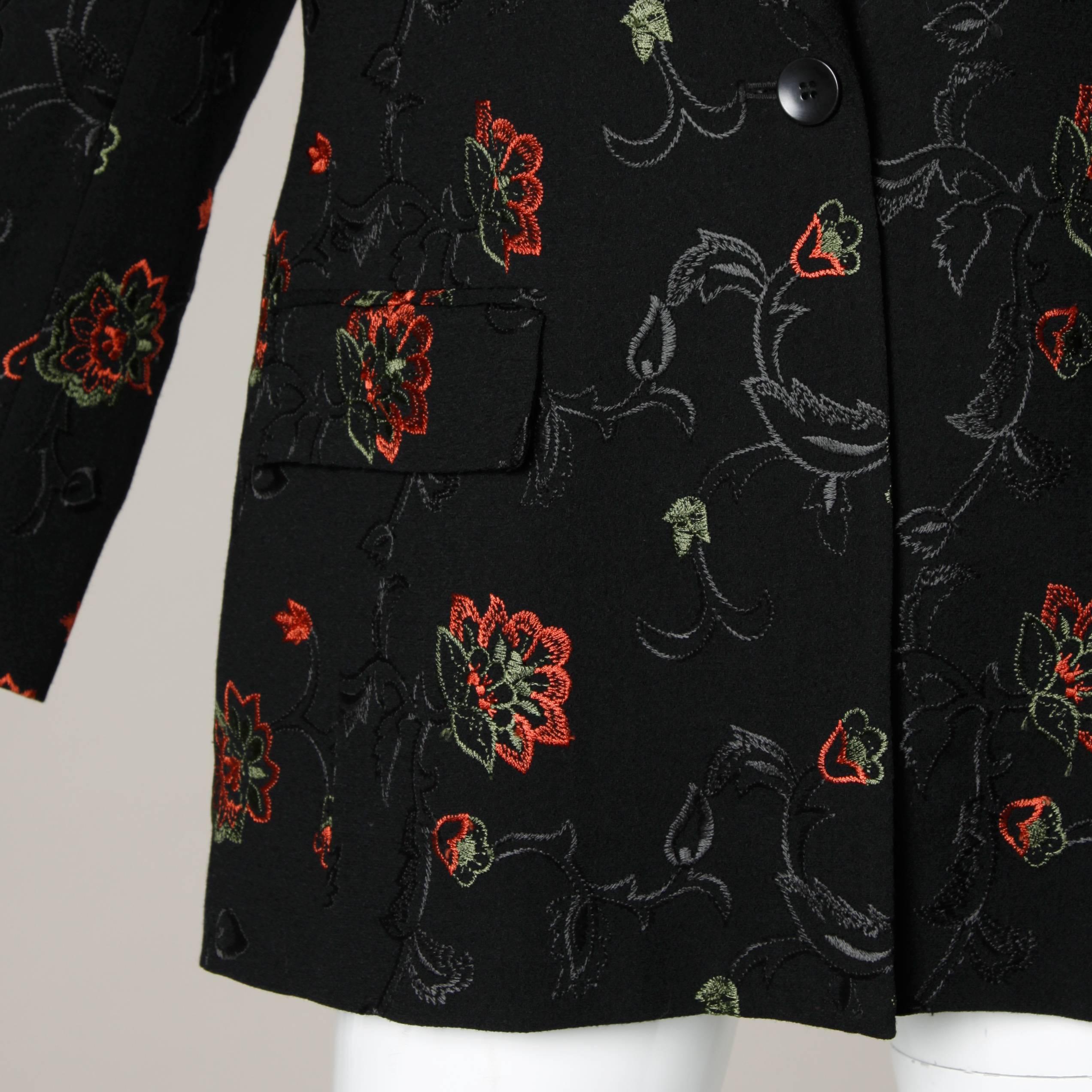 Oscar de la Renta Wool Blazer Jacket with Floral Embroidery 1