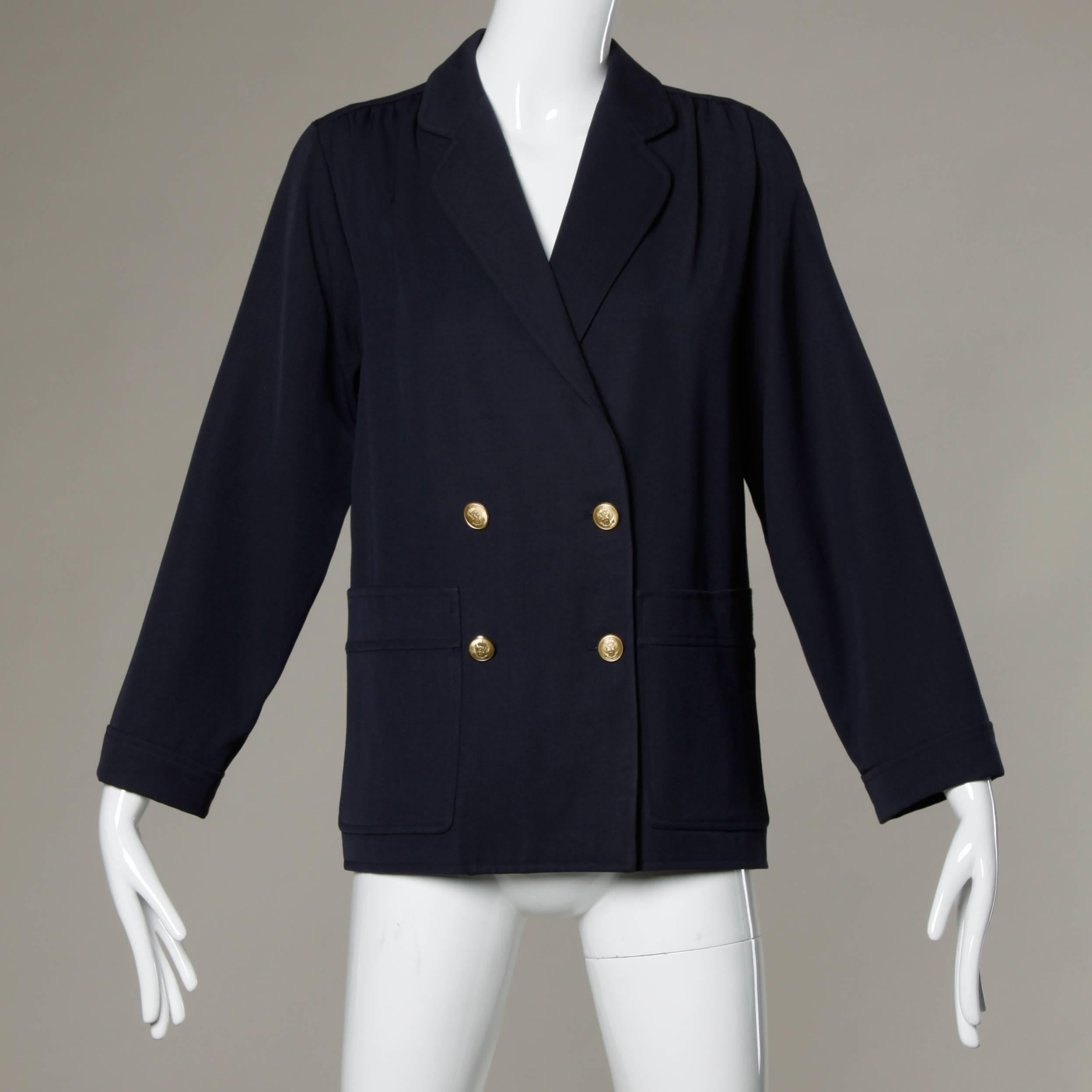 Saint Laurent Rive Gauche Vintage Navy Blue Wool Military Buttons Blazer Jacket 4
