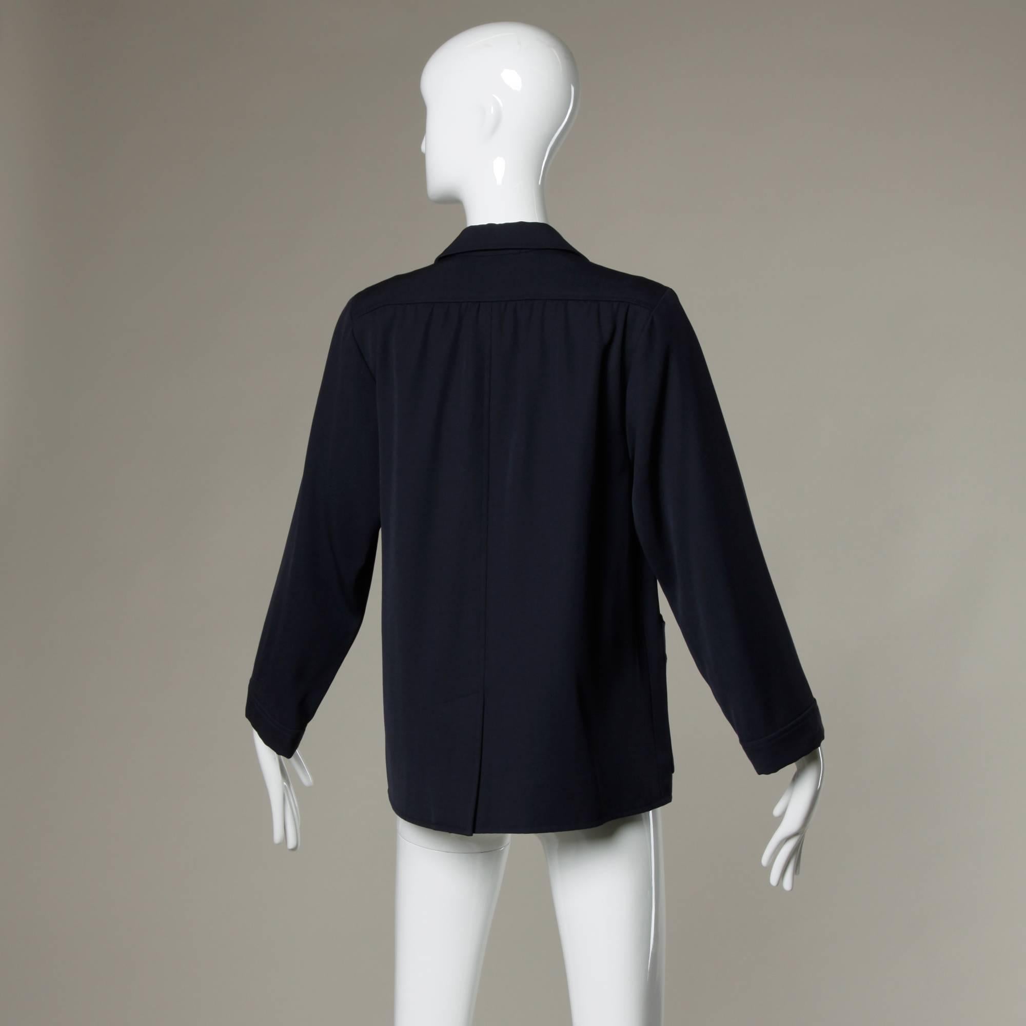 Black Saint Laurent Rive Gauche Vintage Navy Blue Wool Military Buttons Blazer Jacket