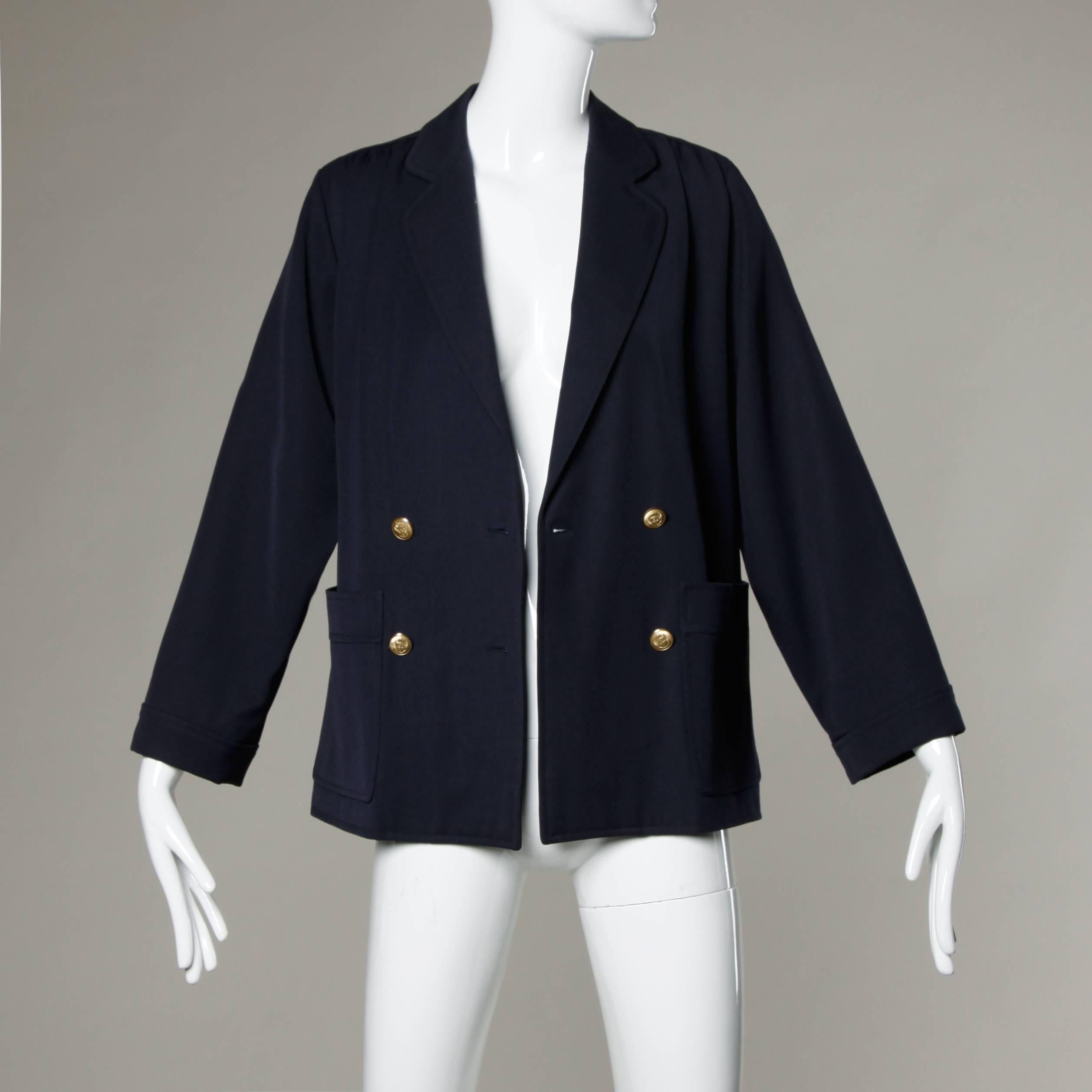 Saint Laurent Rive Gauche Vintage Navy Blue Wool Military Buttons Blazer Jacket 3