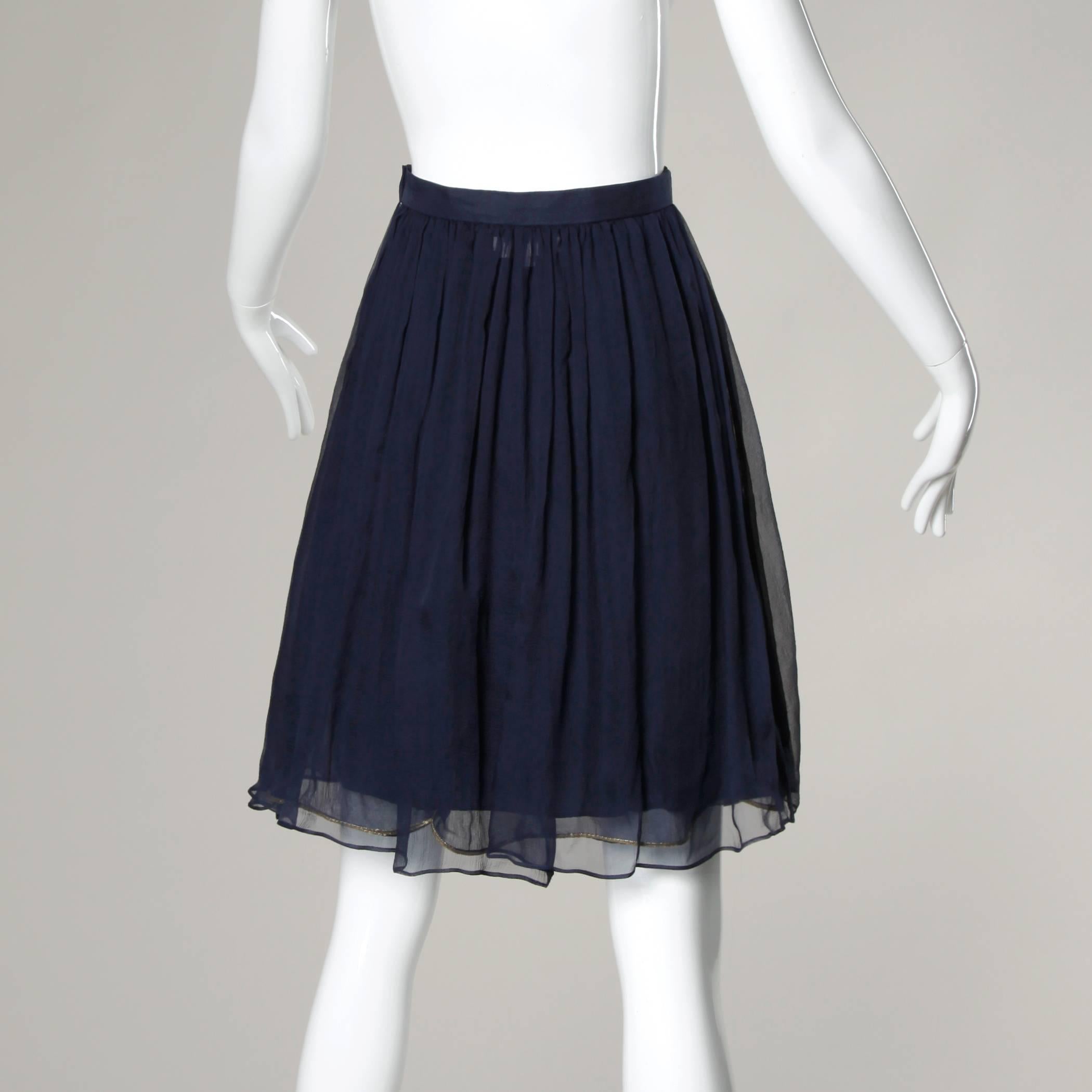 Saint Laurent Vintage Layered Navy Blue Silk Chiffon Skirt In Excellent Condition In Sparks, NV