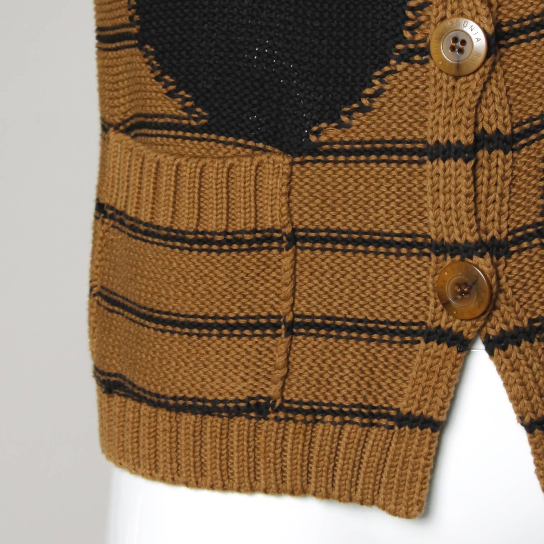Sonia Rykiel Brown Striped Knit Cardigan Sweater with Black Cherries Design In Excellent Condition In Sparks, NV