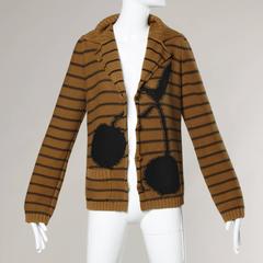 Sonia Rykiel Pull Cardigan en maille rayée marron avec motif de cerises noires