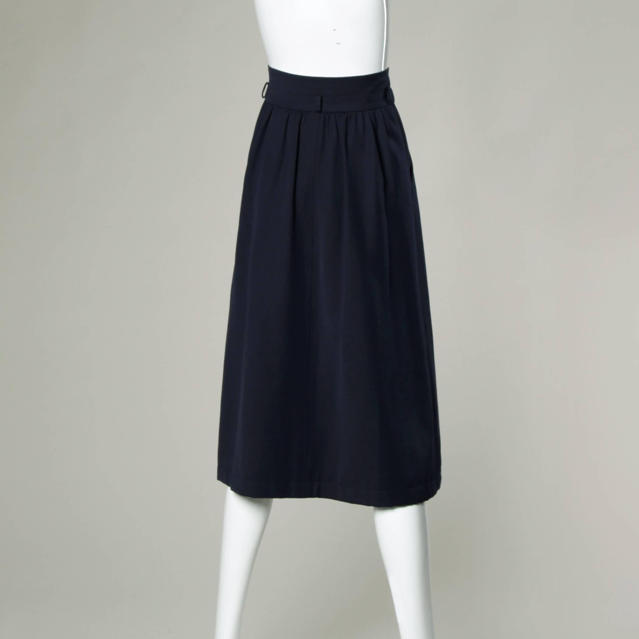 Black YSL Yves Saint Laurent Rive Gauche Vintage Navy Wool Box Pleated Skirt