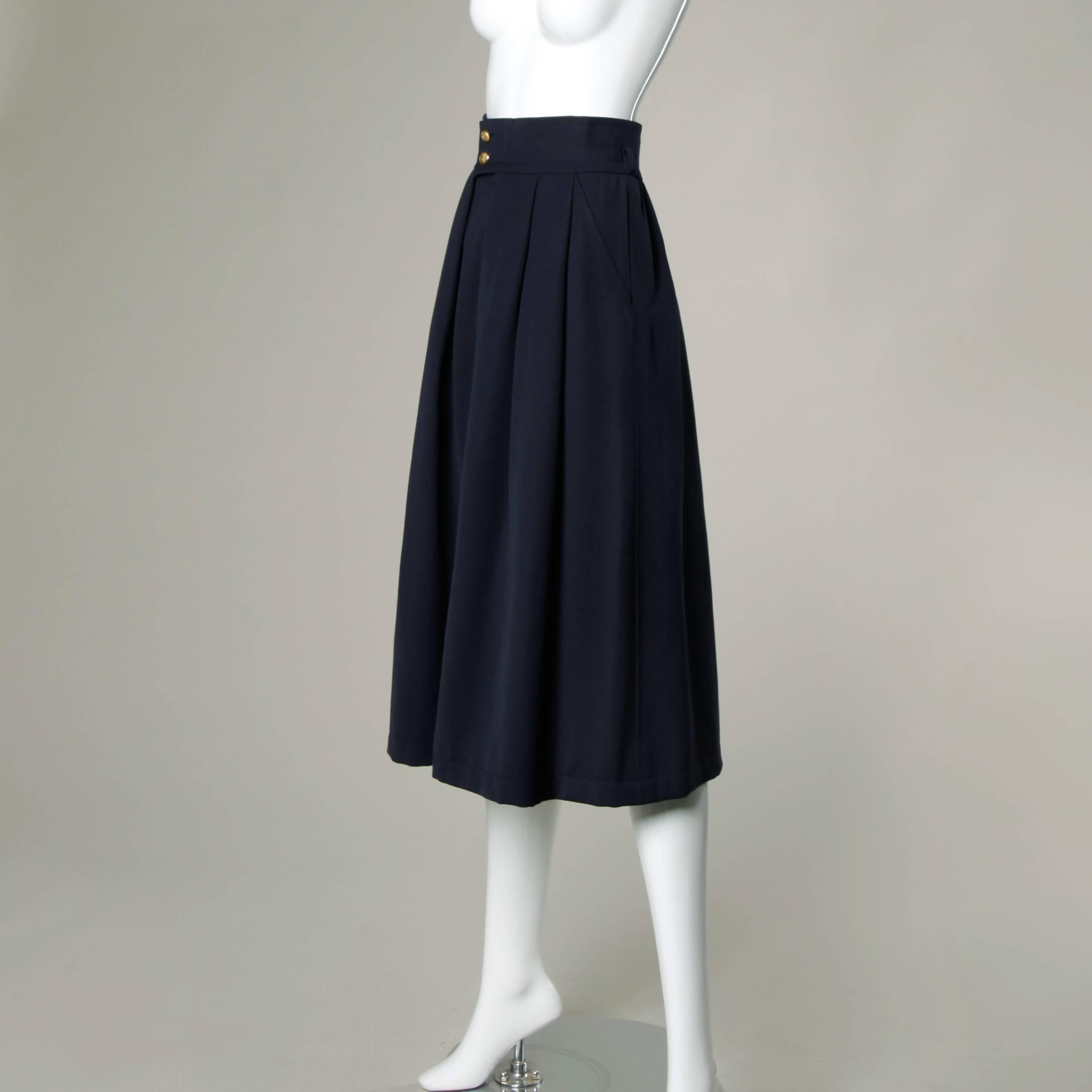 Women's YSL Yves Saint Laurent Rive Gauche Vintage Navy Wool Box Pleated Skirt
