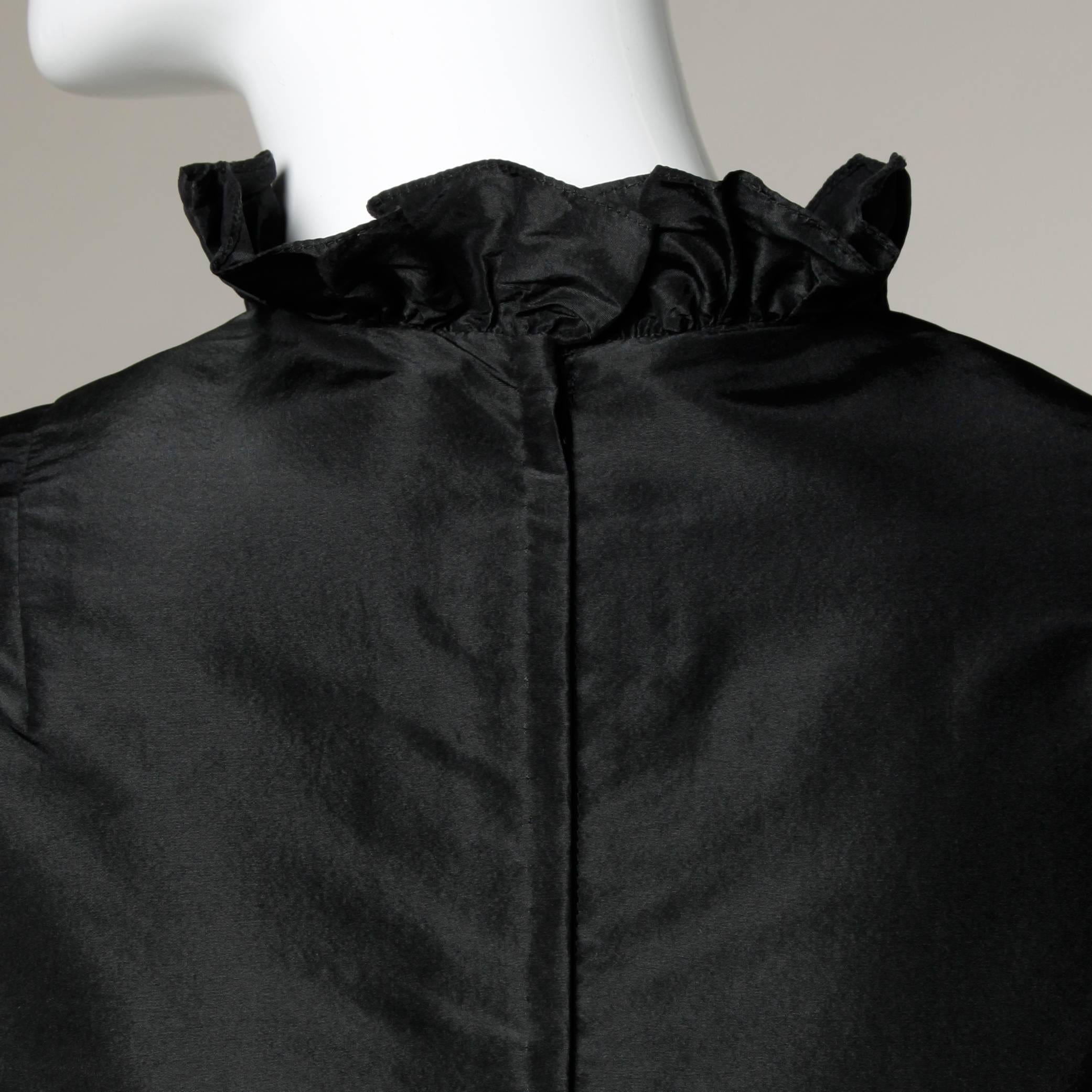 Oscar De La Renta 1970s Black Silk Taffeta Cocktail Dress with Ruffled Trim 1