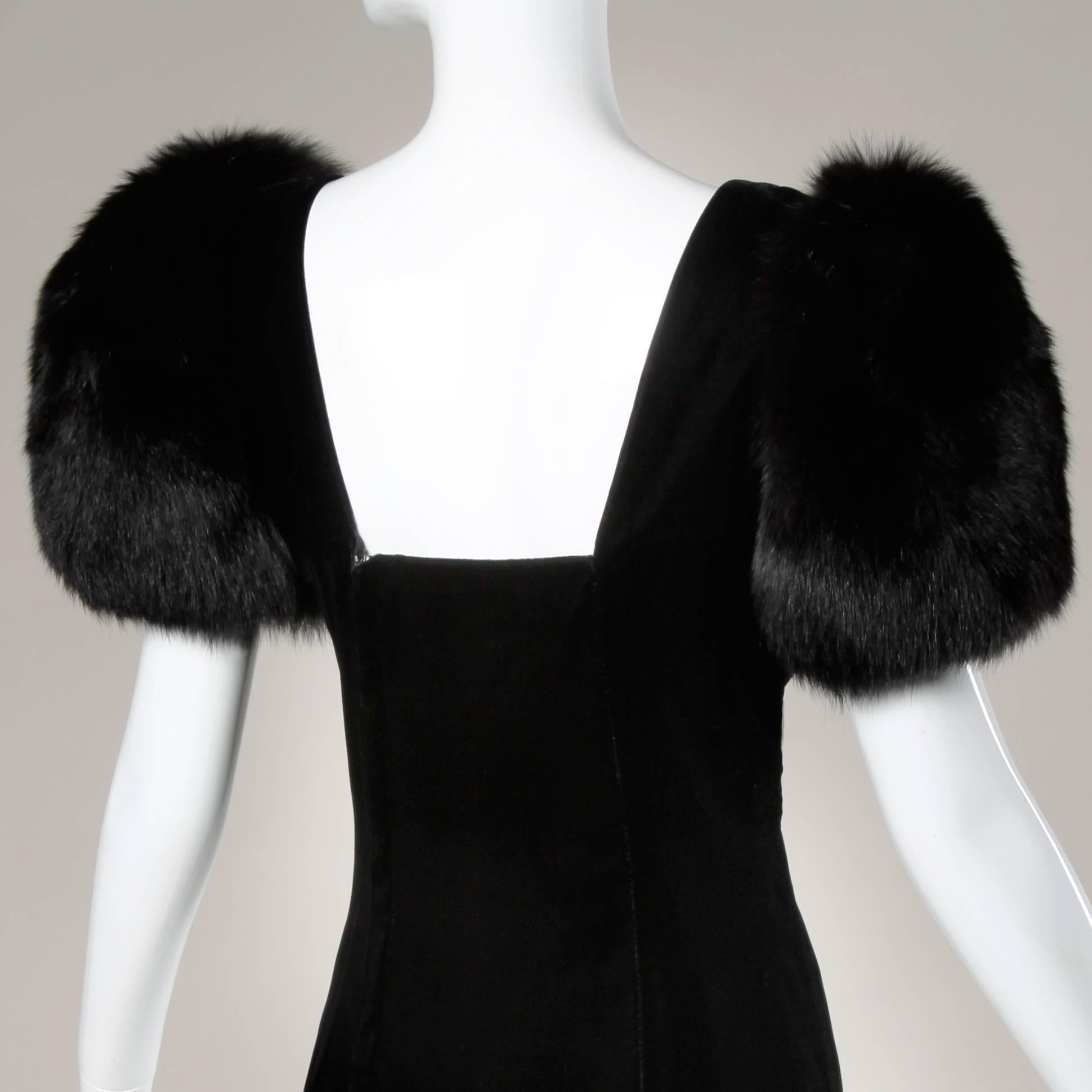 Victor Costa Vintage Black Velvet Dress with Fox Fur Sleeves In Excellent Condition In Sparks, NV
