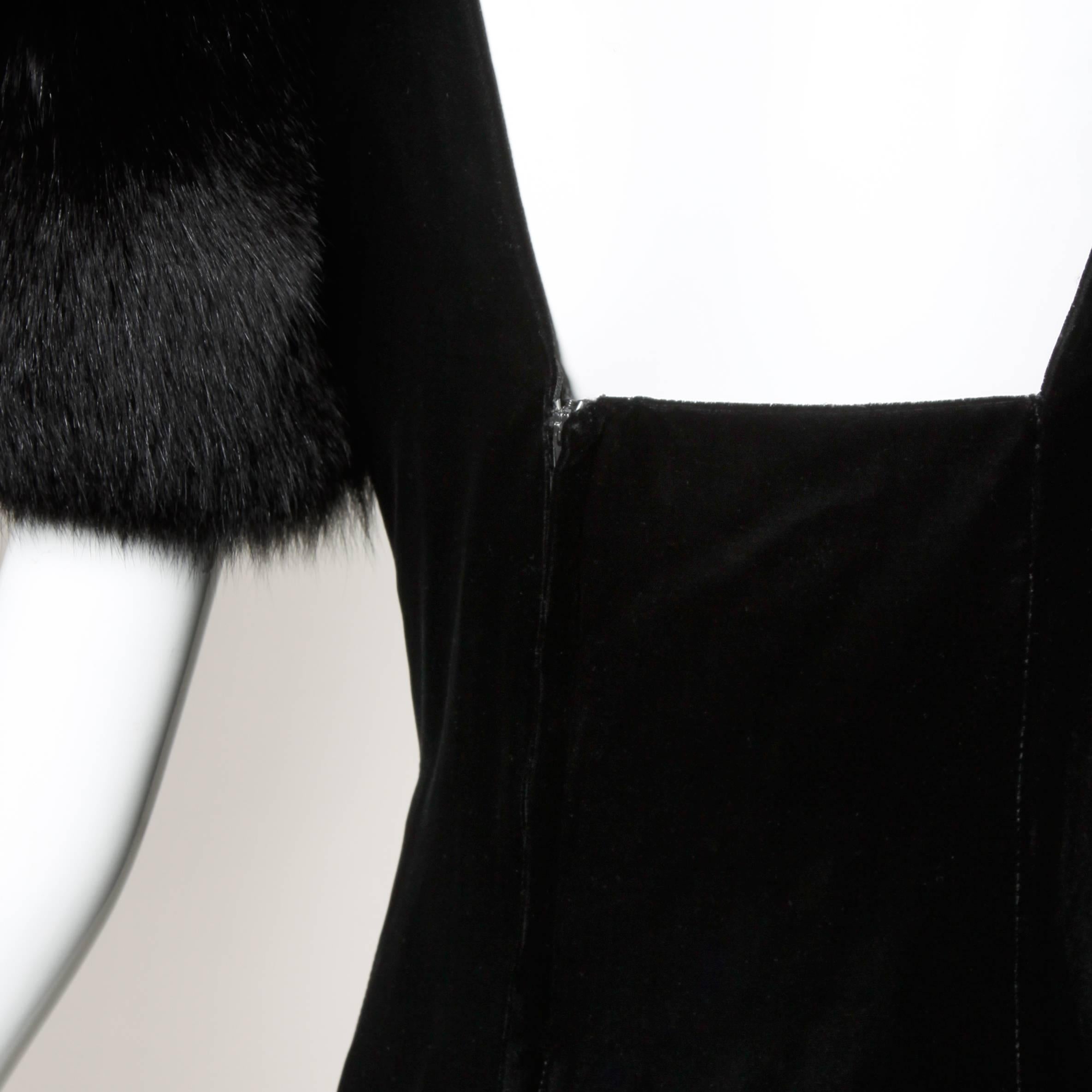 Women's Victor Costa Vintage Black Velvet Dress with Fox Fur Sleeves