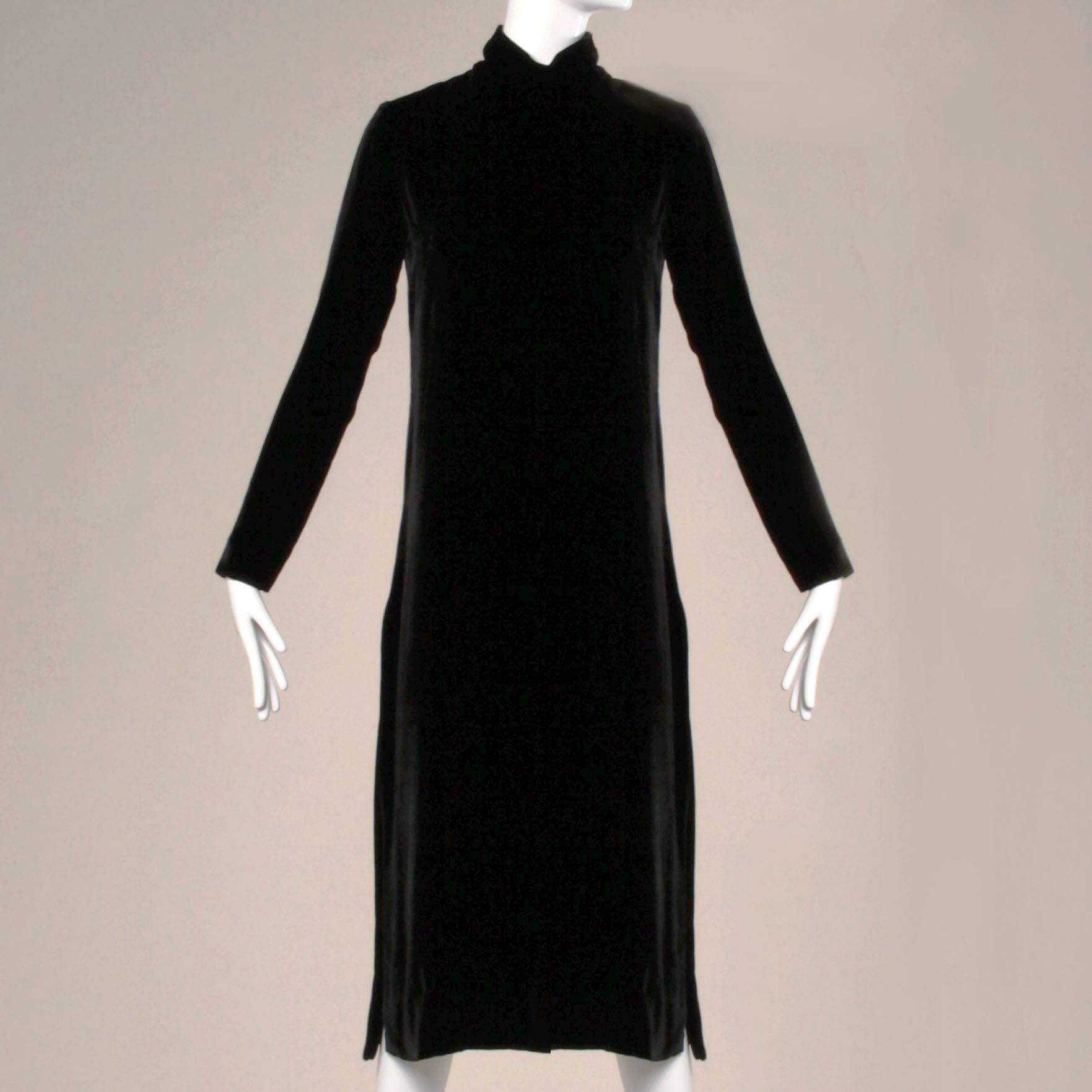 Gorgeous simple and chic soft velvet tunic dress by Jean Patou for I. Magnin. Turtleneck, long sleeves and high side slits. Amazing construction and couture hand-stitched detailing. This would look great worn as is or over a pair of pants or