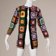 Adolfo for Neiman Marcus Vintage Wool Granny Squares Crochet Cardigan Sweater