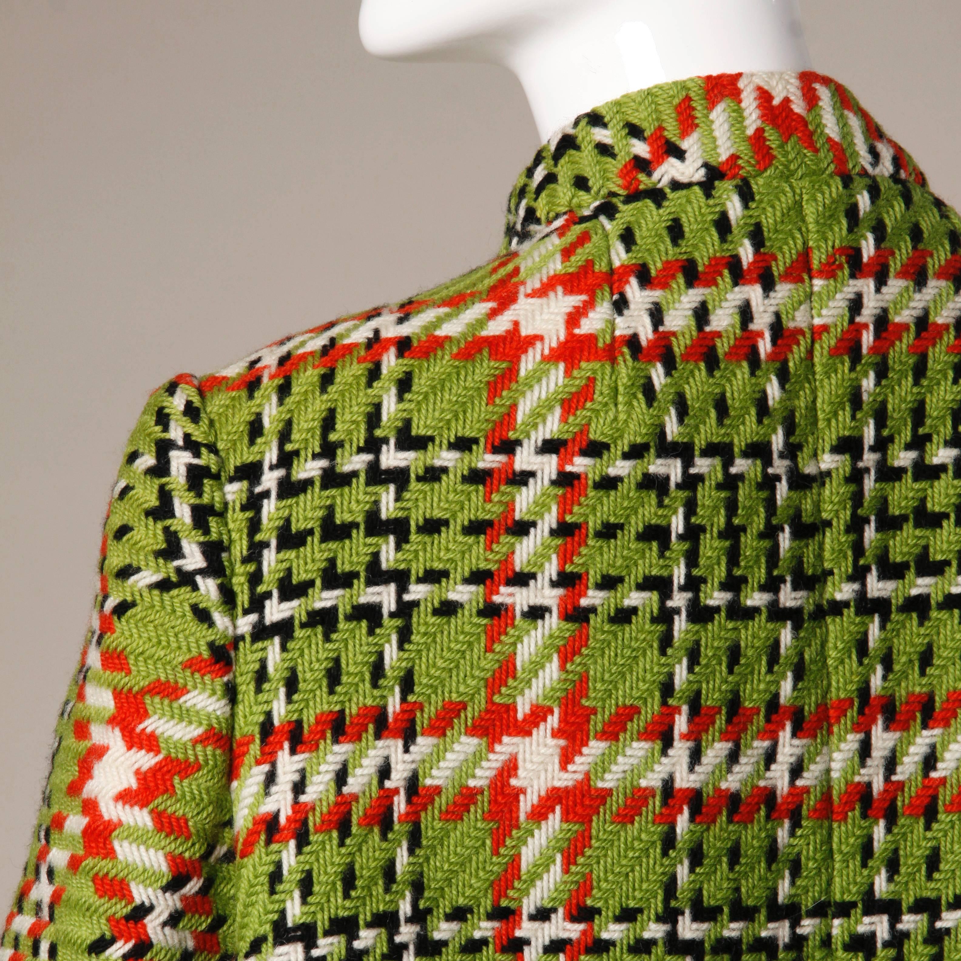 Women's 1960s Donald Brooks Vintage Green + Red Wool Plaid Swing Coat For Sale