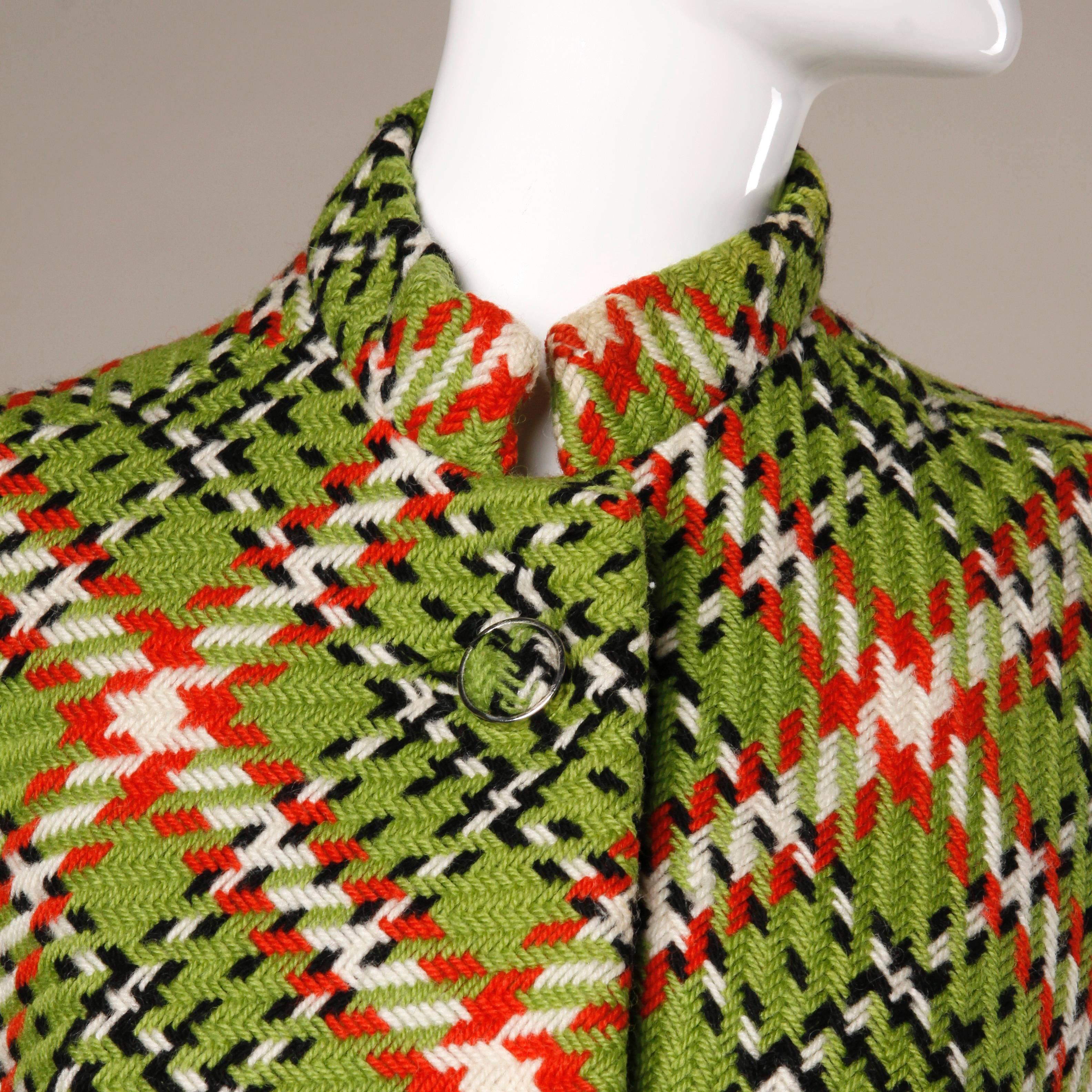 Brown 1960s Donald Brooks Vintage Green + Red Wool Plaid Swing Coat For Sale