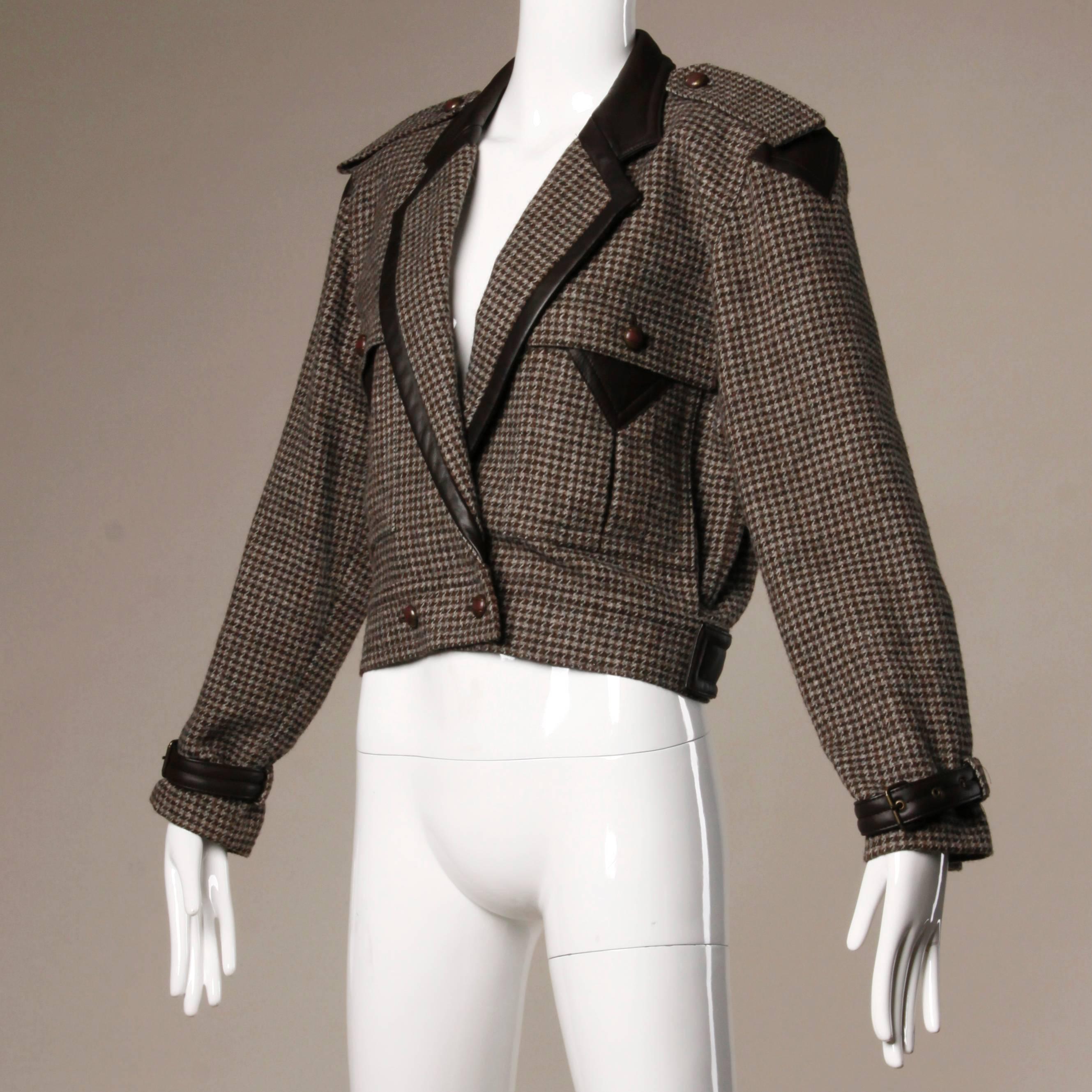 Vintage Escada alpaca and wool tweed jacket with buttery leather trim. Appears to be unworn with the original tags in the pocket.

Details:

Fully Lined
Chest Pockets
Shoulder Pads Sewn Into Lining
Front Button Closure
Marked Size: 38