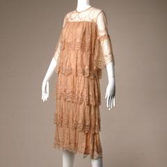 Vintage French Tiered Nude Scalloped Lace Dress with Bell Sleeves + Rhinestones