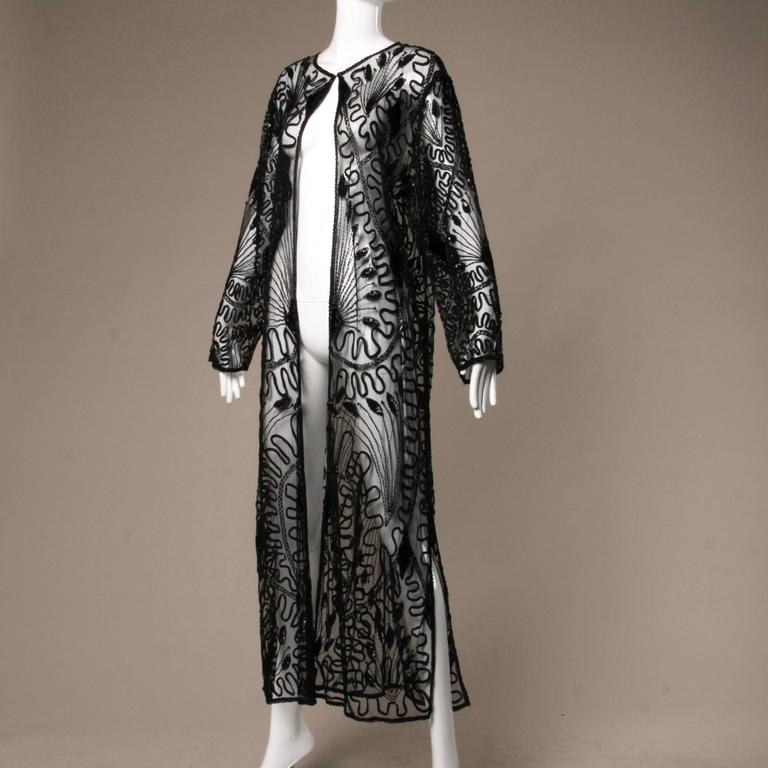 Vintage Long Sheer Black Mesh Sequin + Beaded Duster Coat at 1stDibs