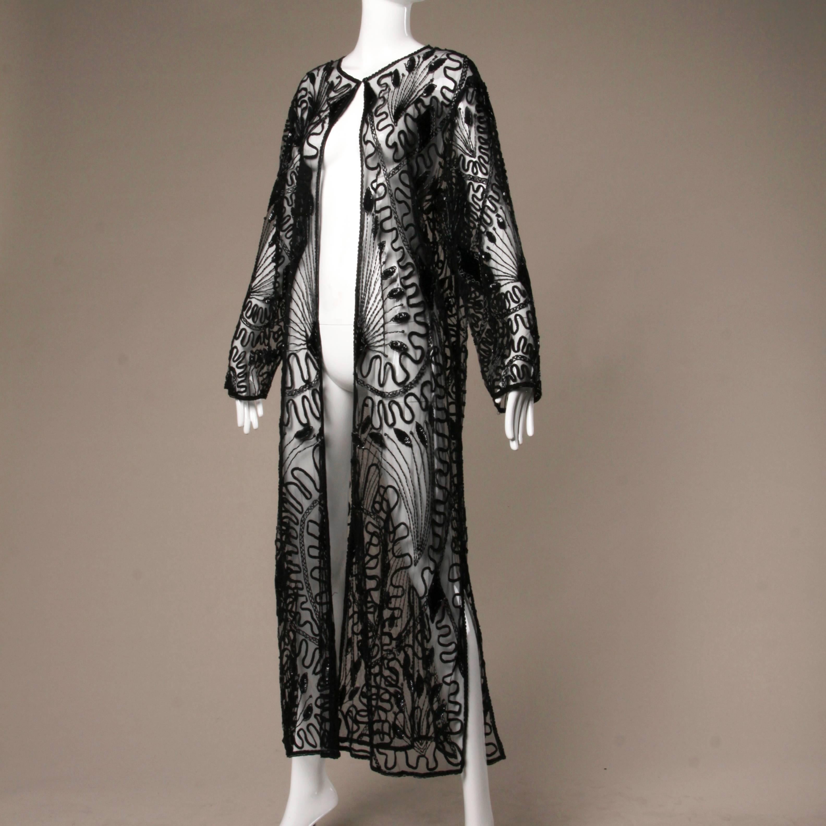 Vintage Langer Schwarzer Mesh Pailletten + Perlen Duster Mantel Damen