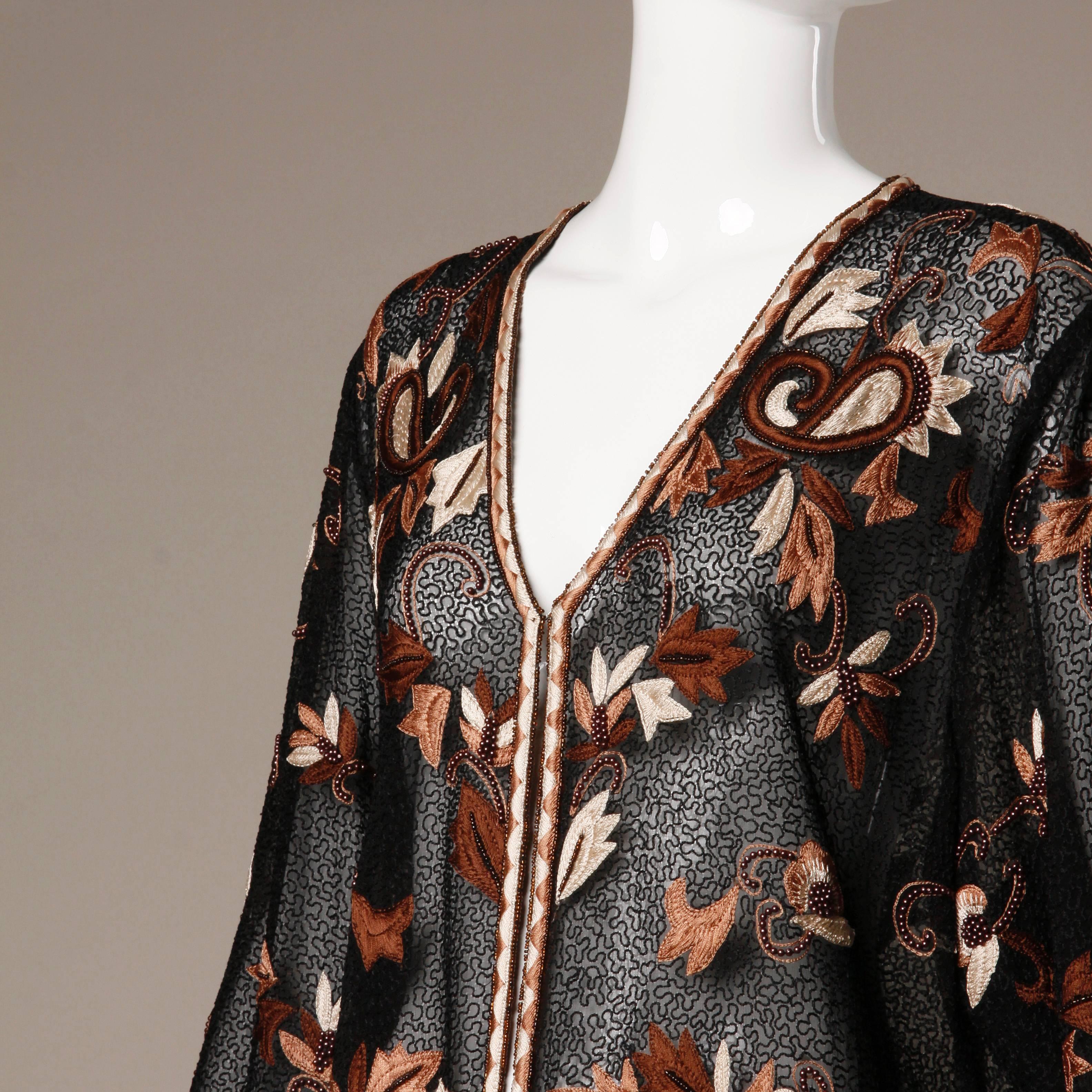 Women's Gorgeous Vintage Sheer Black Beaded + Embroidered Silk Duster Coat 