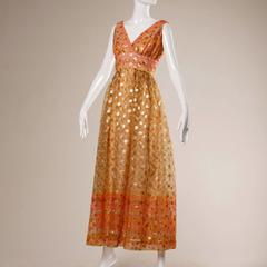 I. Magnin 1970s Vintage Metallic Eyelash Psychedelic Print Maxi Dress