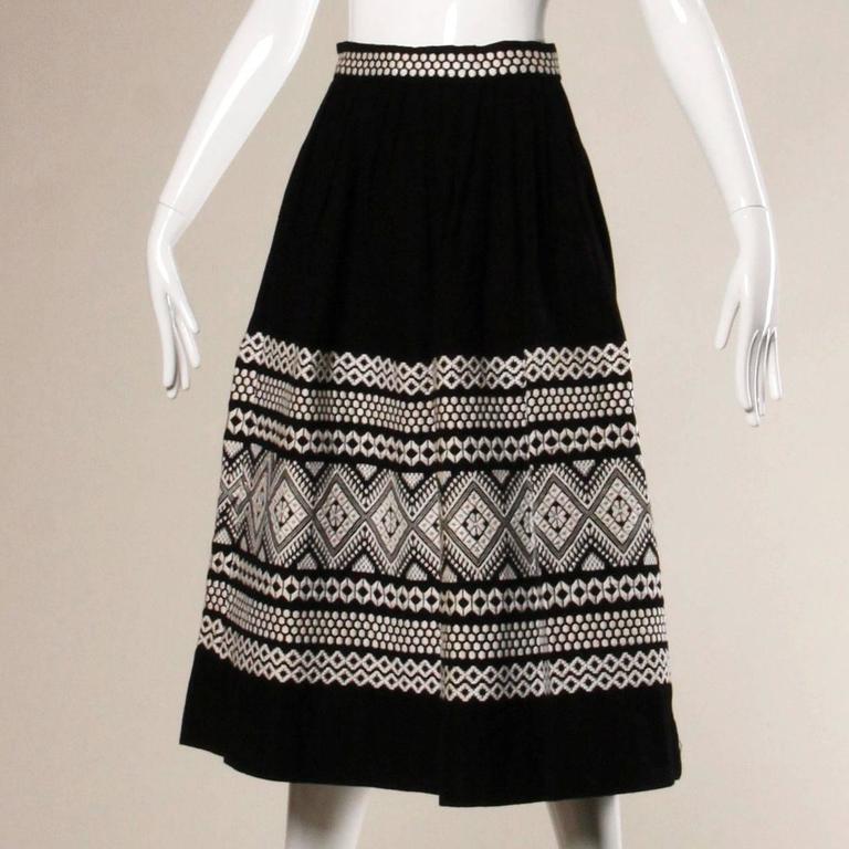 1950s Vintage Black + White Embroidered Wool Skirt with Box Pleats at ...