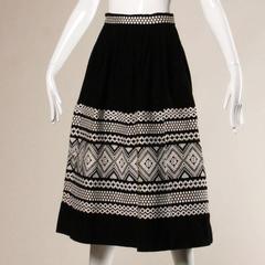 1950s Vintage Black + White Embroidered Wool Skirt with Box Pleats
