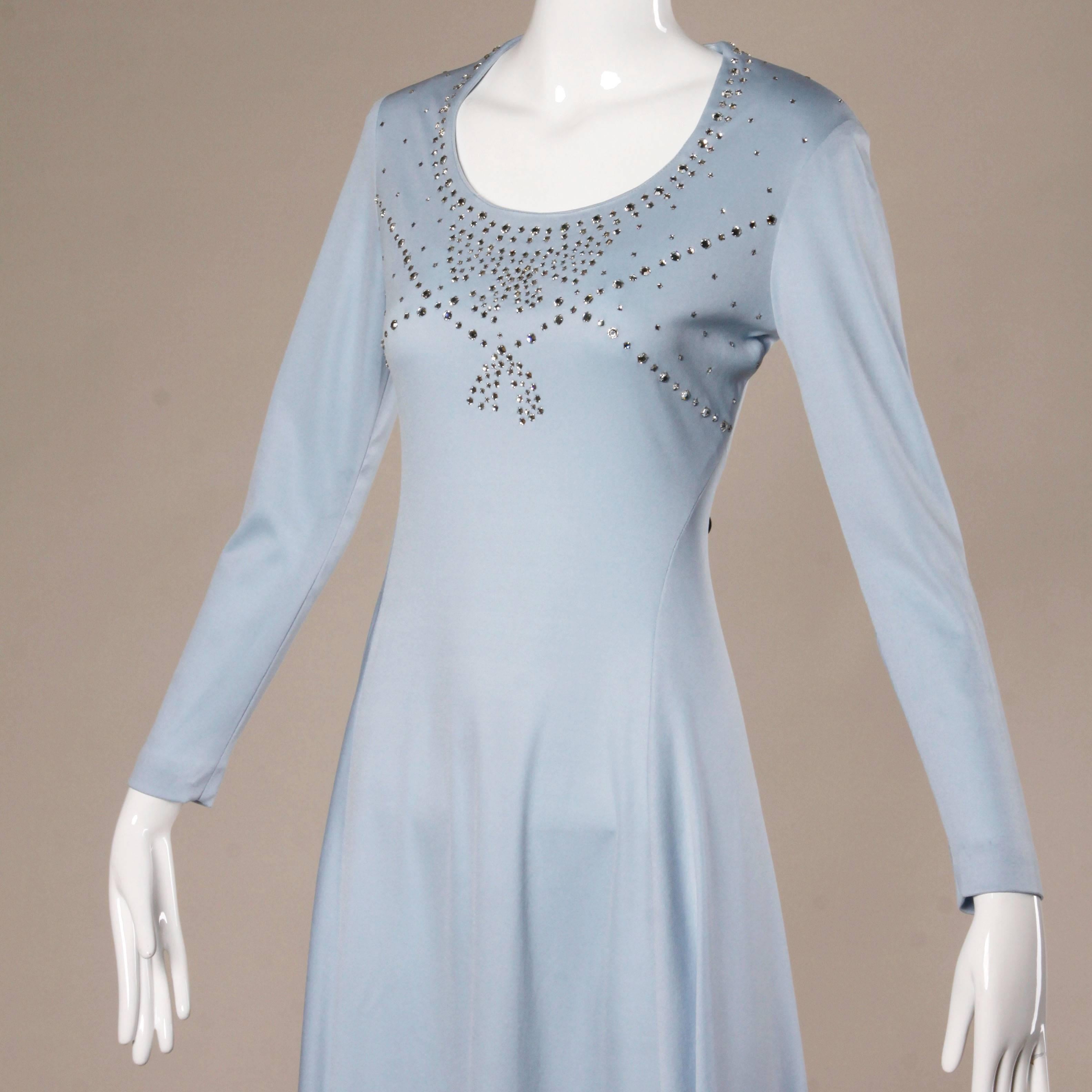 Gray 1970s Pale Blue Jersey Knit Maxi Dress with Prong-Set Rhinestones + Long Sleeves For Sale