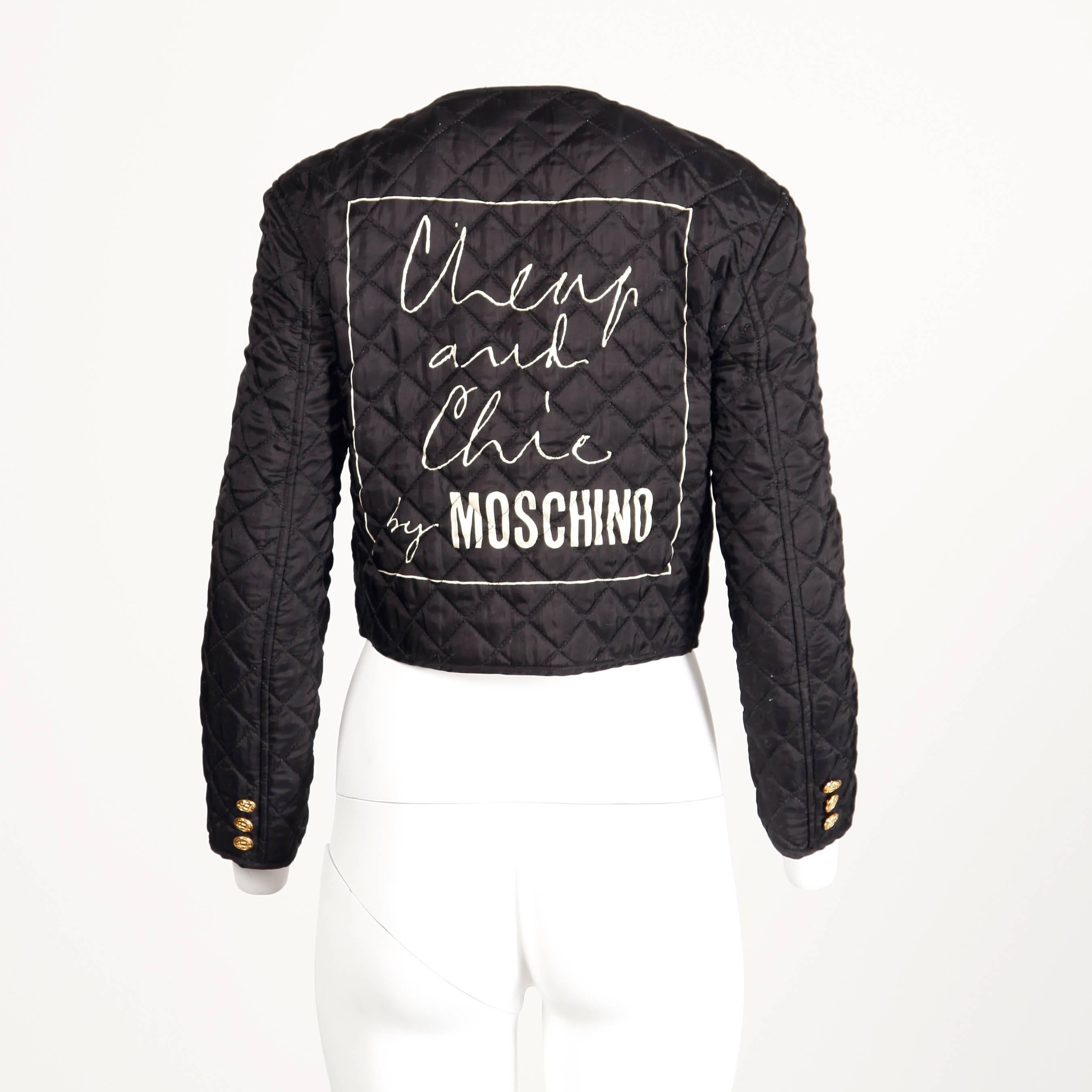 Women's Moschino Vintage 1990s 90s Black Quilted Jacket with Cheap & Chic Graphic For Sale