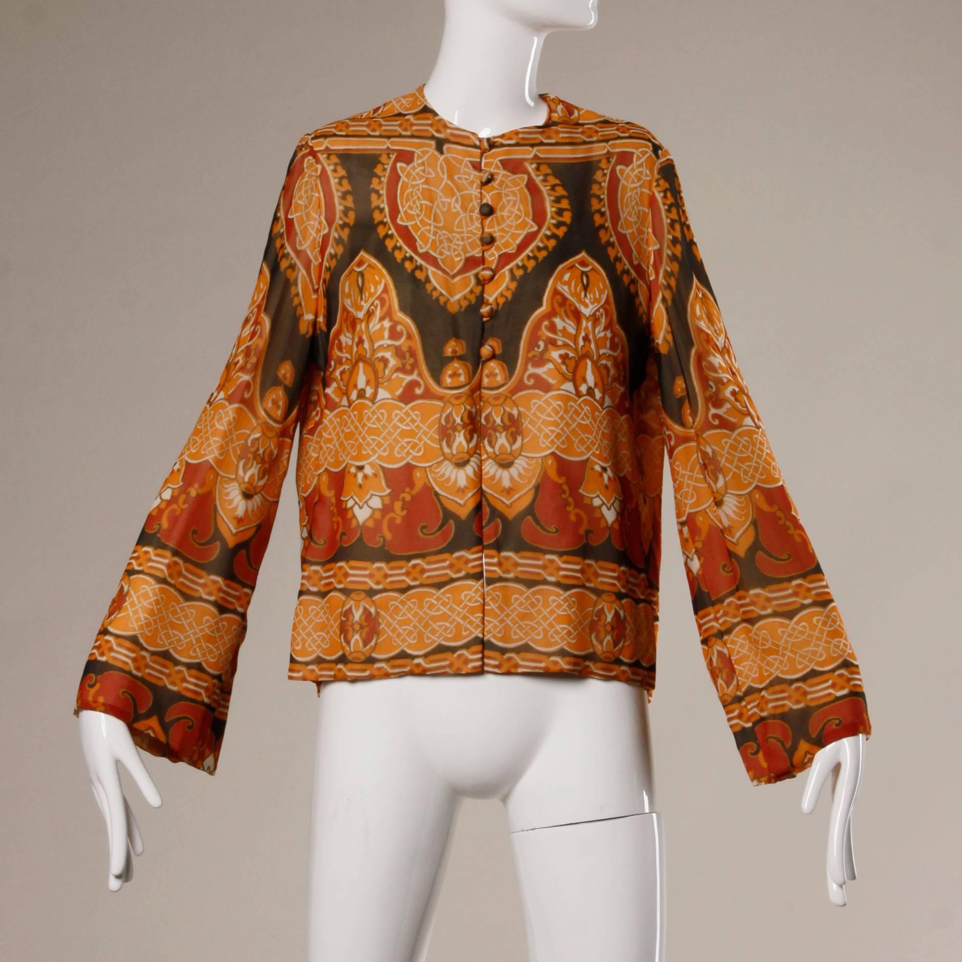 1960s Geoffrey Beene Vintage Silk Art Nouveau Print Jacket with Bell Sleeves 2