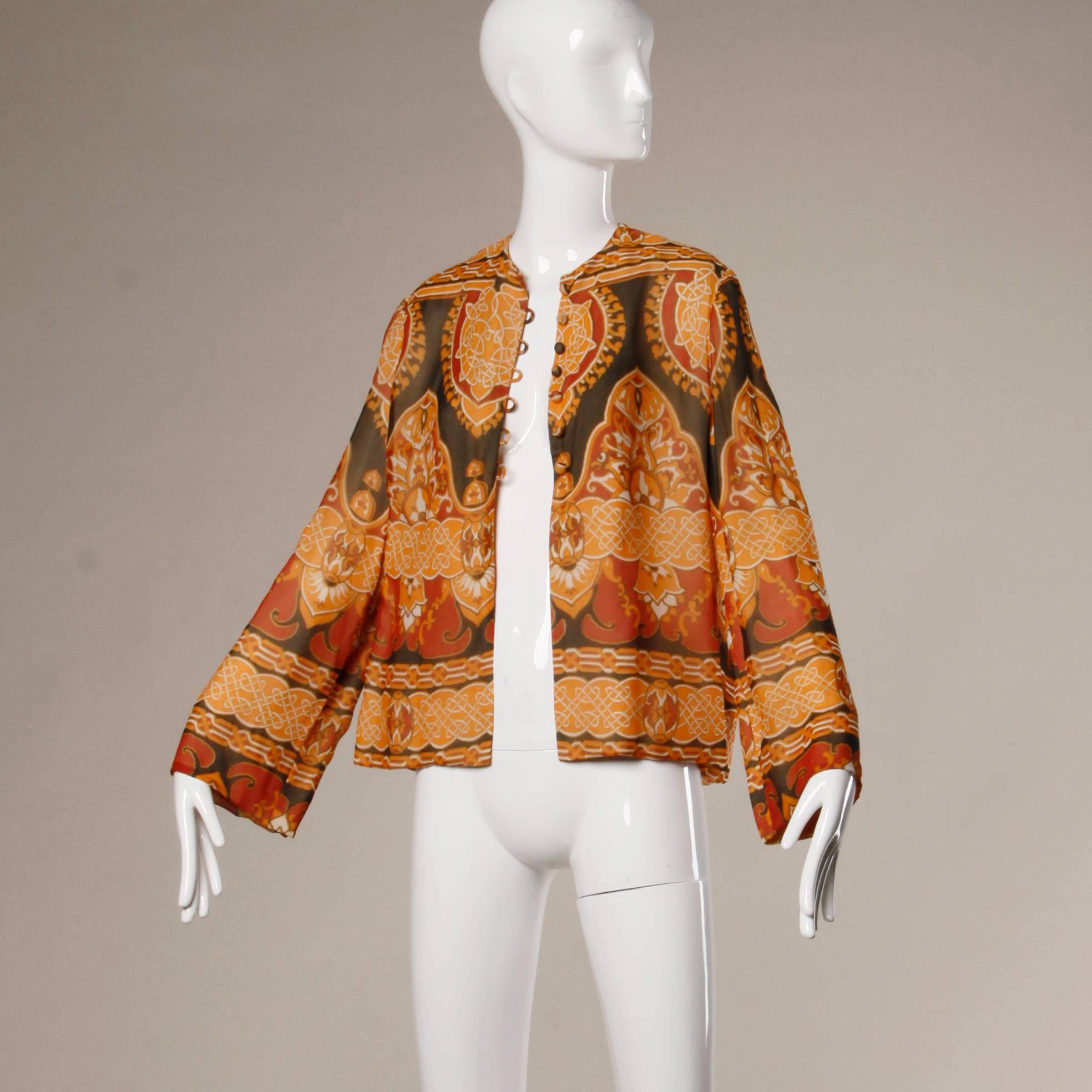 1960s Geoffrey Beene Vintage Silk Art Nouveau Print Jacket with Bell Sleeves In Excellent Condition In Sparks, NV
