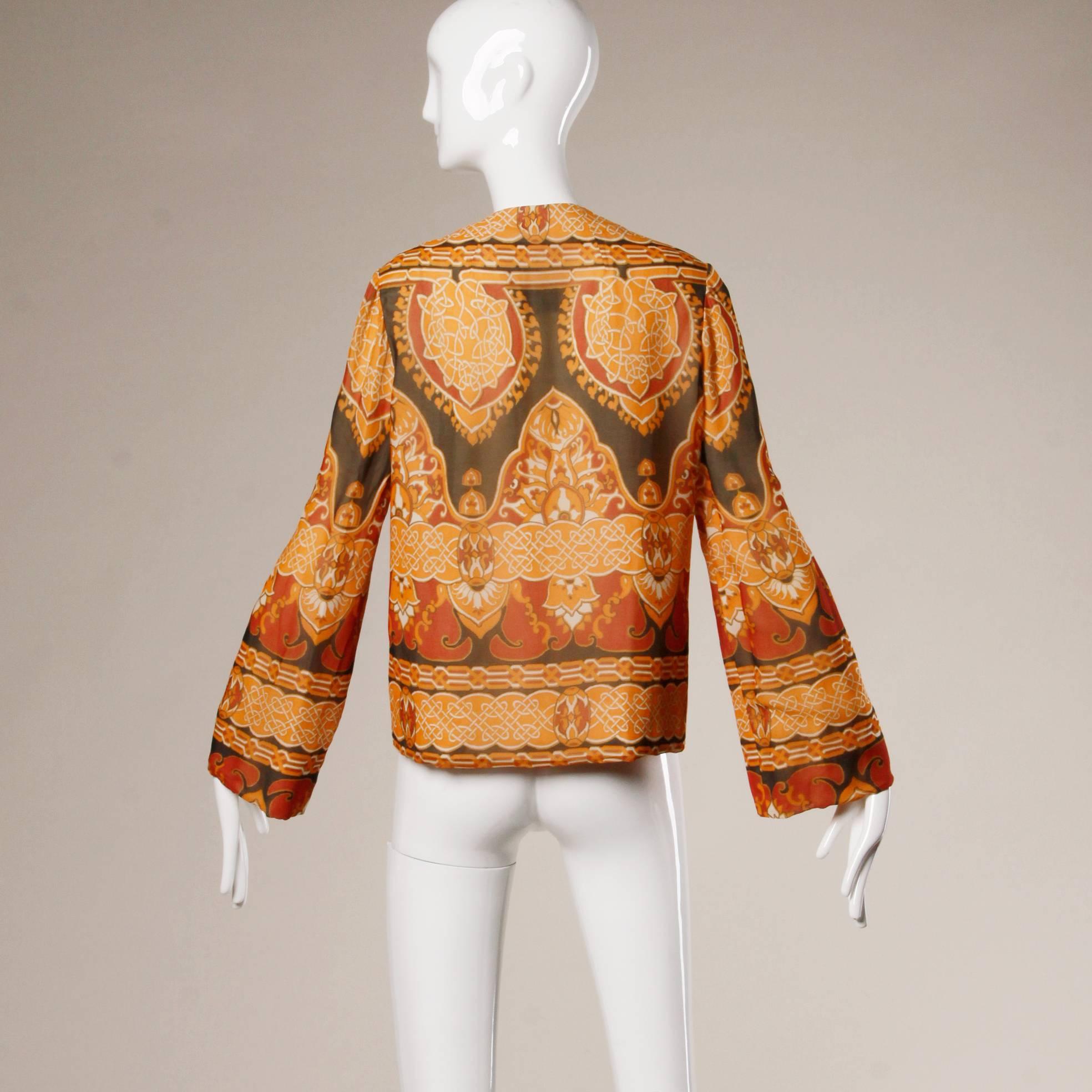 Women's 1960s Geoffrey Beene Vintage Silk Art Nouveau Print Jacket with Bell Sleeves