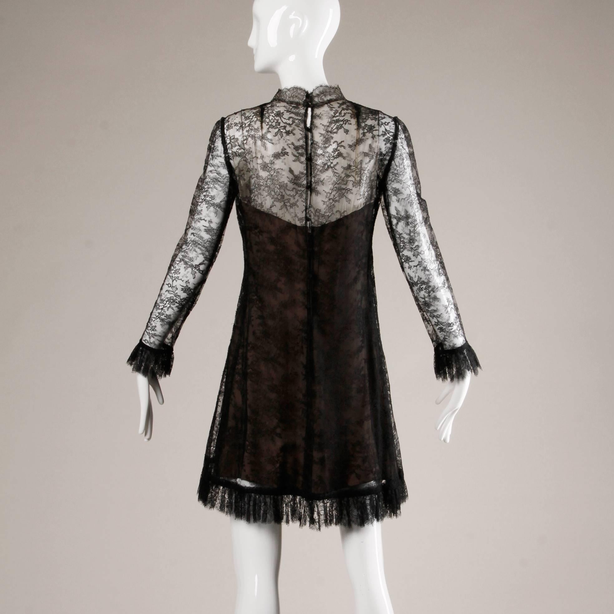 Women's 1960s Vintage Brown + Black Nude Illusion Chantilly Lace Cocktail Dress