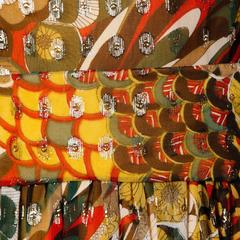 1970s Mardi Gras Metallic Feather Print Cocktail Dress