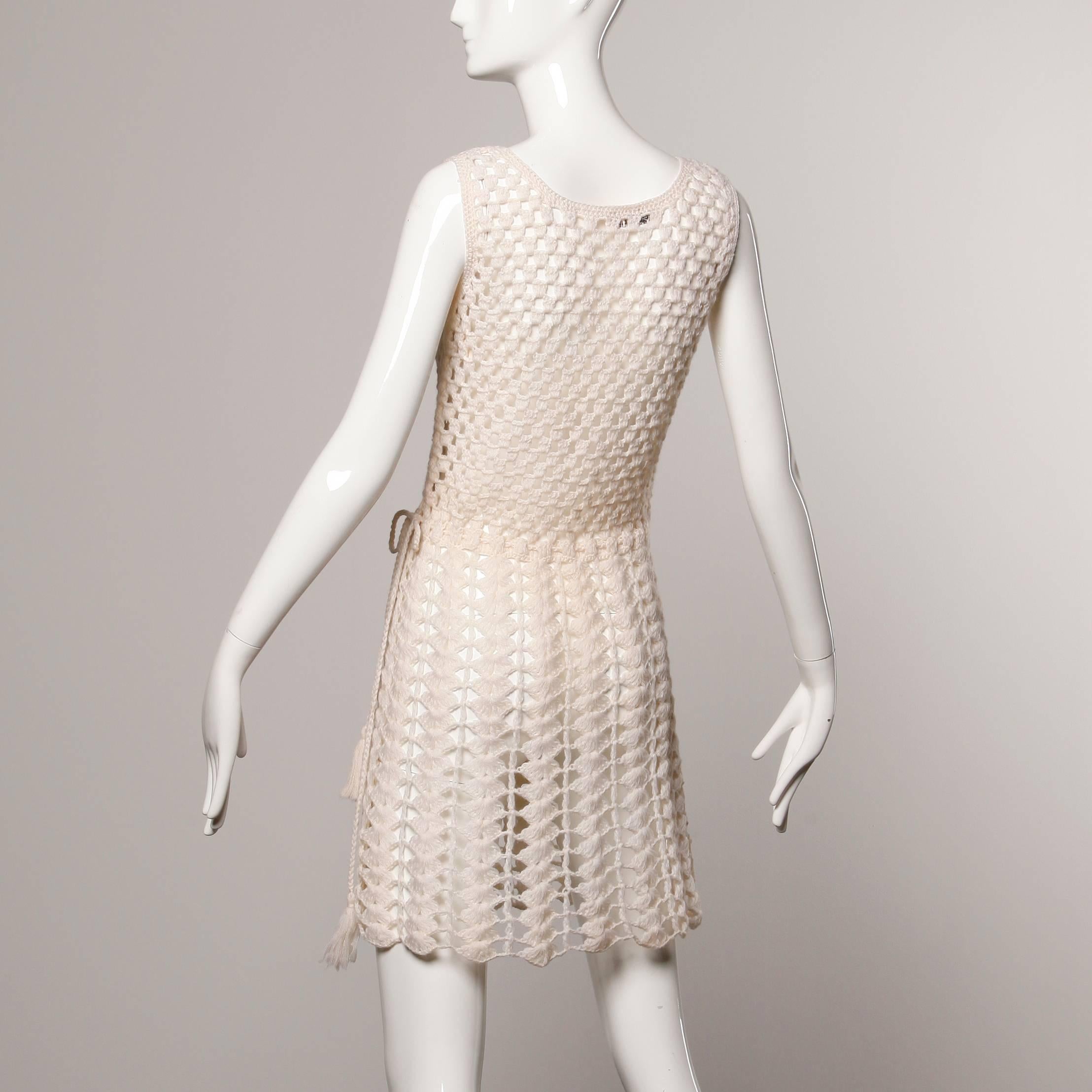 Beige Unworn 1960s Vintage Hand Crochet Wool Dress with Original Tags Attached