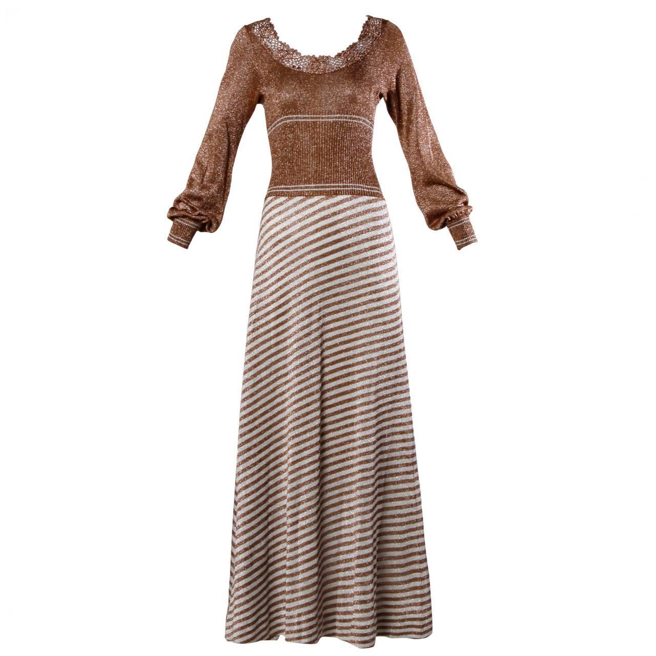 Wenjilli 1970s Vintage Metallic Knit Striped Maxi Dress For Sale