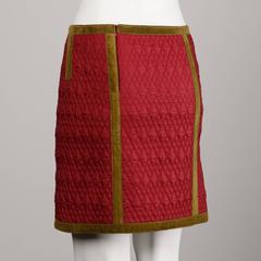 Alberta Ferretti Vintage Quilted Skirt with Olive Green Suede Leather Trim