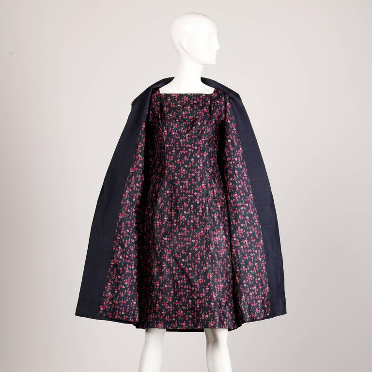 1960s Vintage Floral Print Silk Sheath Dress + Coat 2-Piece Ensemble ...
