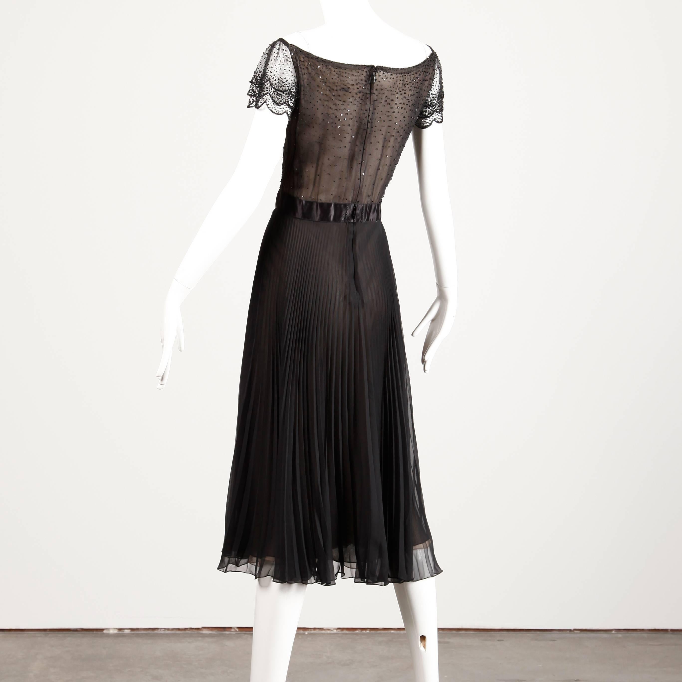 Oscar de la Renta Vintage Black Silk Beaded Dress with Pleated Skirt 1